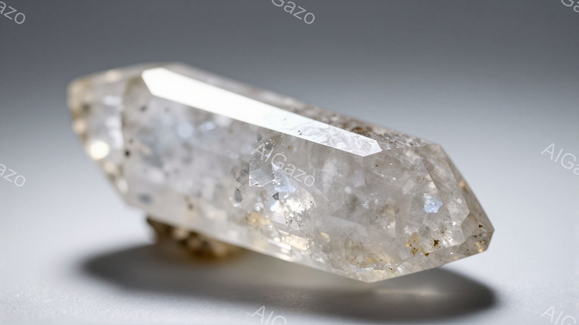 この画像は、研磨されていない水晶のクラストが捉えられています。透明感のある水晶は、内部に小さな亀裂や内包物が見られ、光を反射してキラキラと輝いています。背景は均一なグレーで、水晶が際立つようにデザインされています。