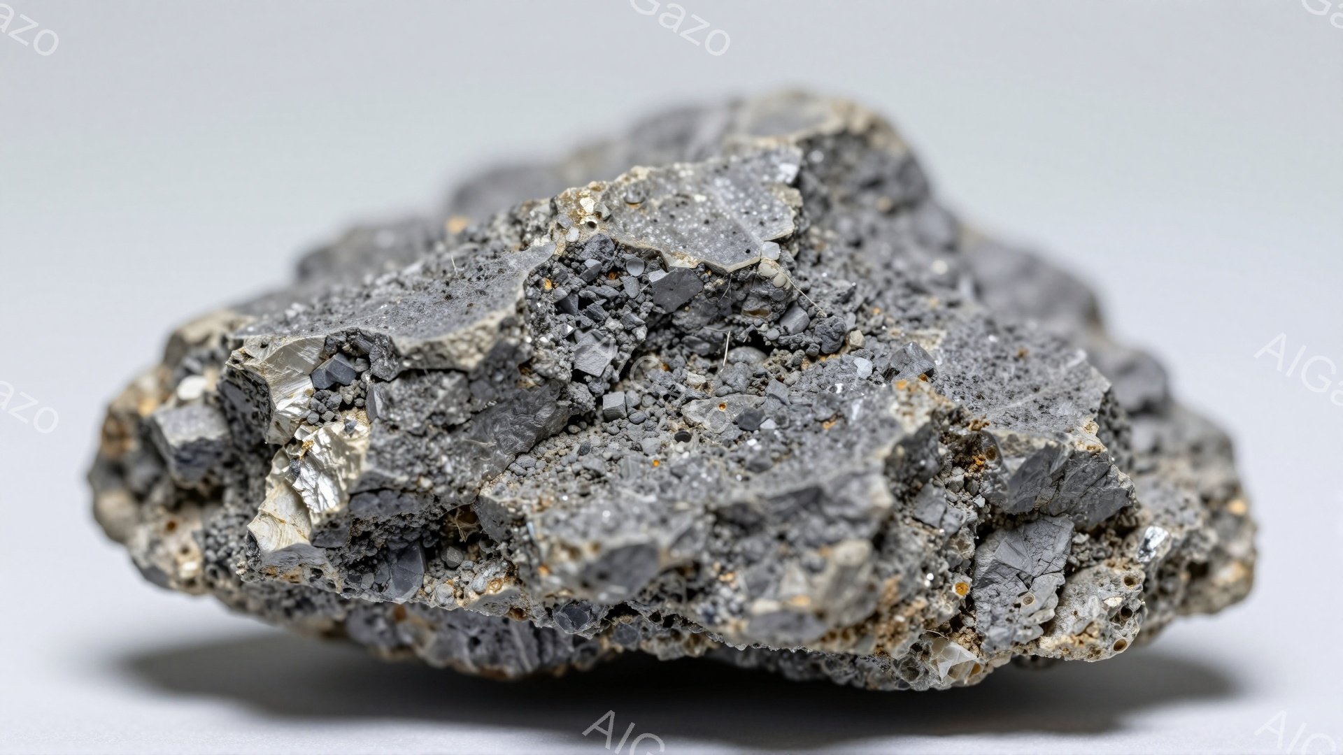 粗い表面を持つ、暗い灰色の岩石のクローズアップ写真です。表面には、小さな結晶状の構造が散りばめられており、光を反射してキラキラと輝いています。背景は白く、岩石の質感と形が際立っています。