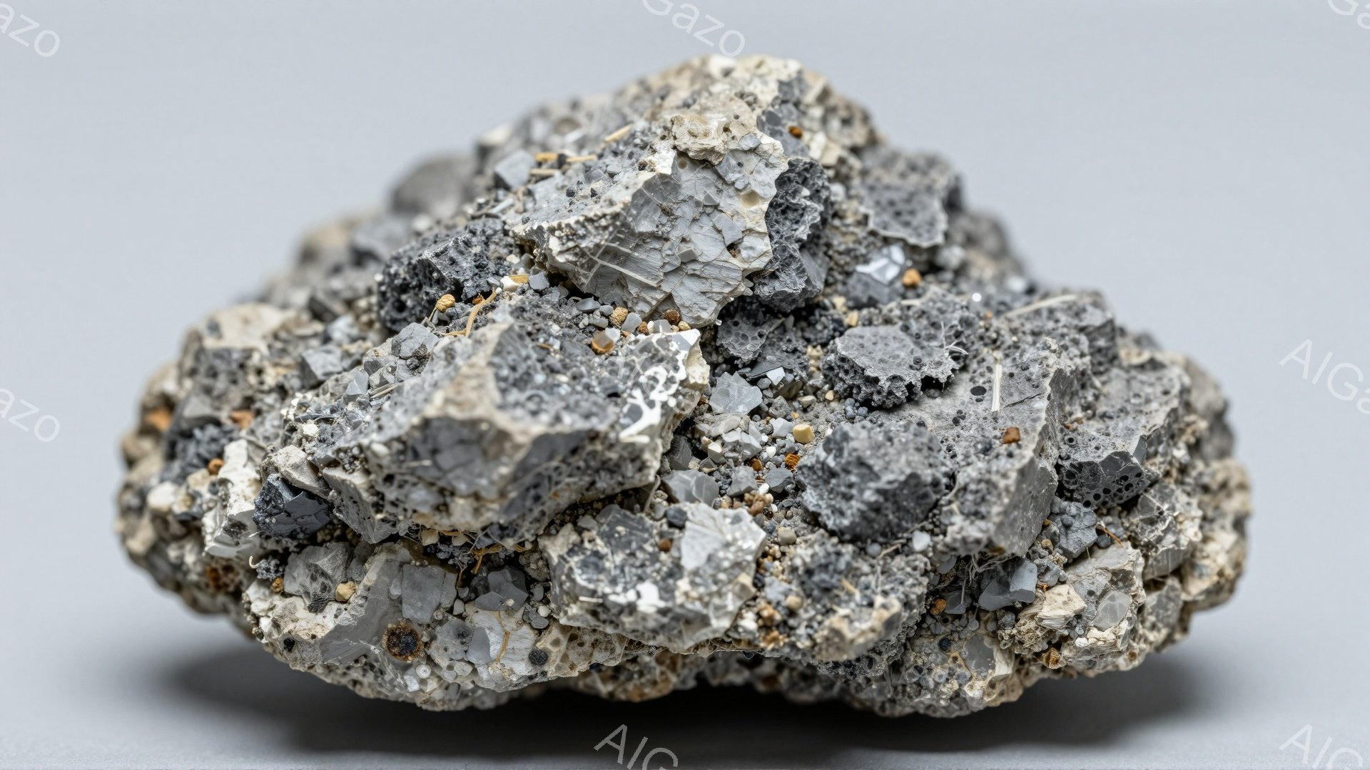 不規則な形状の岩石が写っている。灰色と茶色の斑点があり、表面は多孔質で粗い質感をしている。光の反射により、岩石の表面に微妙な陰影とハイライトが生まれている。