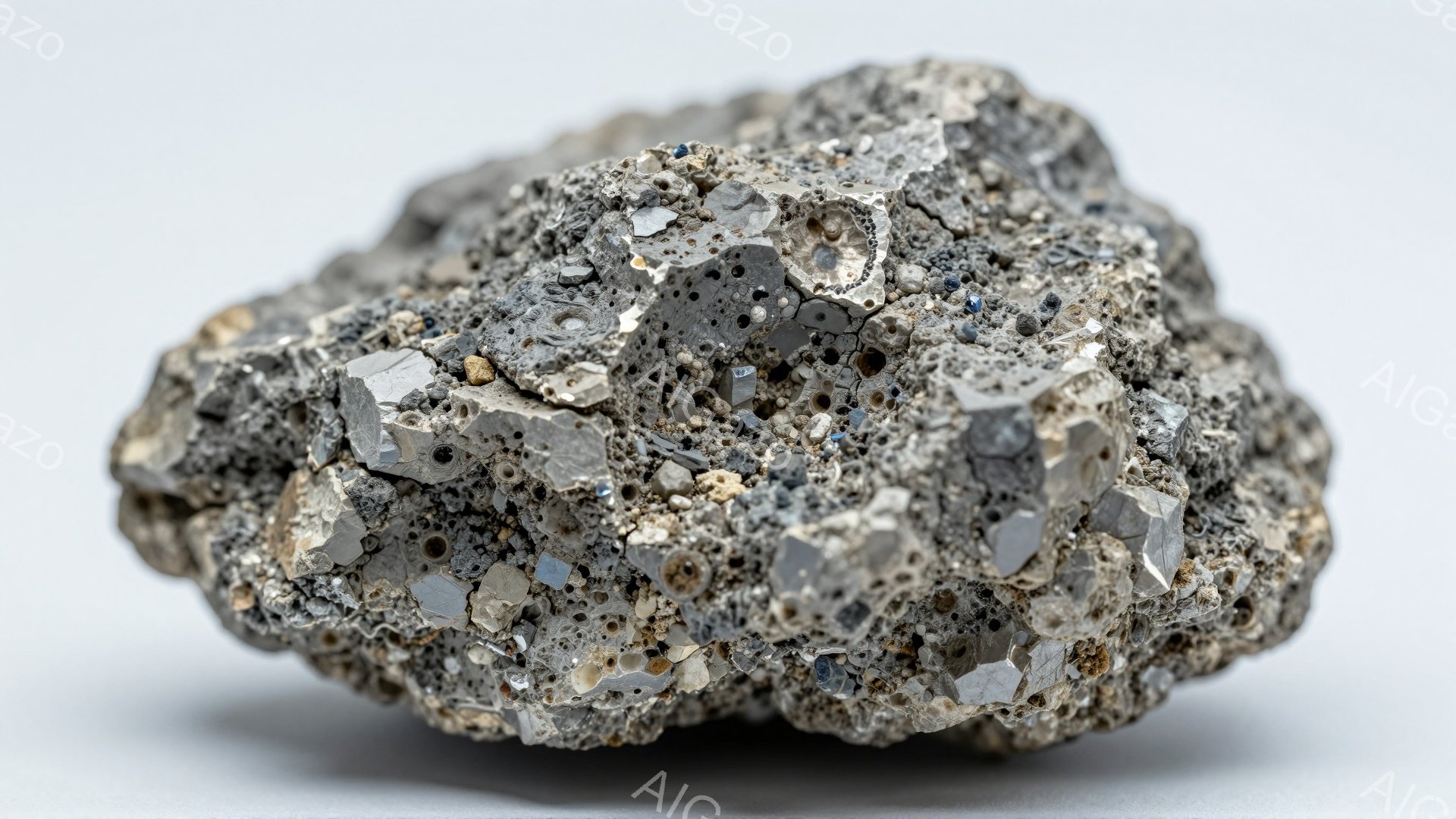 ざらざらとした表面を持つ、暗灰色の岩石の塊が写っている。表面には大小さまざまな穴が無数に開いており、内部には光沢のある鉱物や破片が散りばめられている。背景は白く、岩石の質感と独特な形状が際立っている。