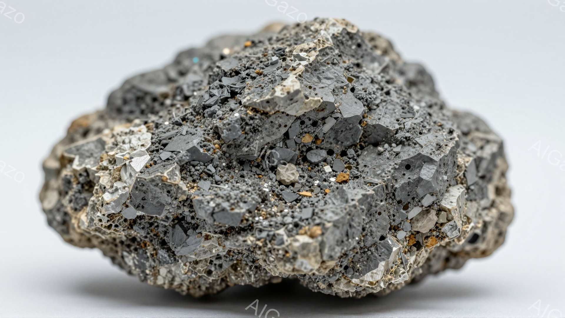 画像は、角度の付いた小さな金属質の岩石の塊を示しています。表面は、様々な大きさの輝く灰色と銀色の結晶で覆われ、一部には茶色や黄色の斑点が見られます。背景は均一な明るい灰色で、岩石の複雑なテクスチャと構造を際立たせています。
