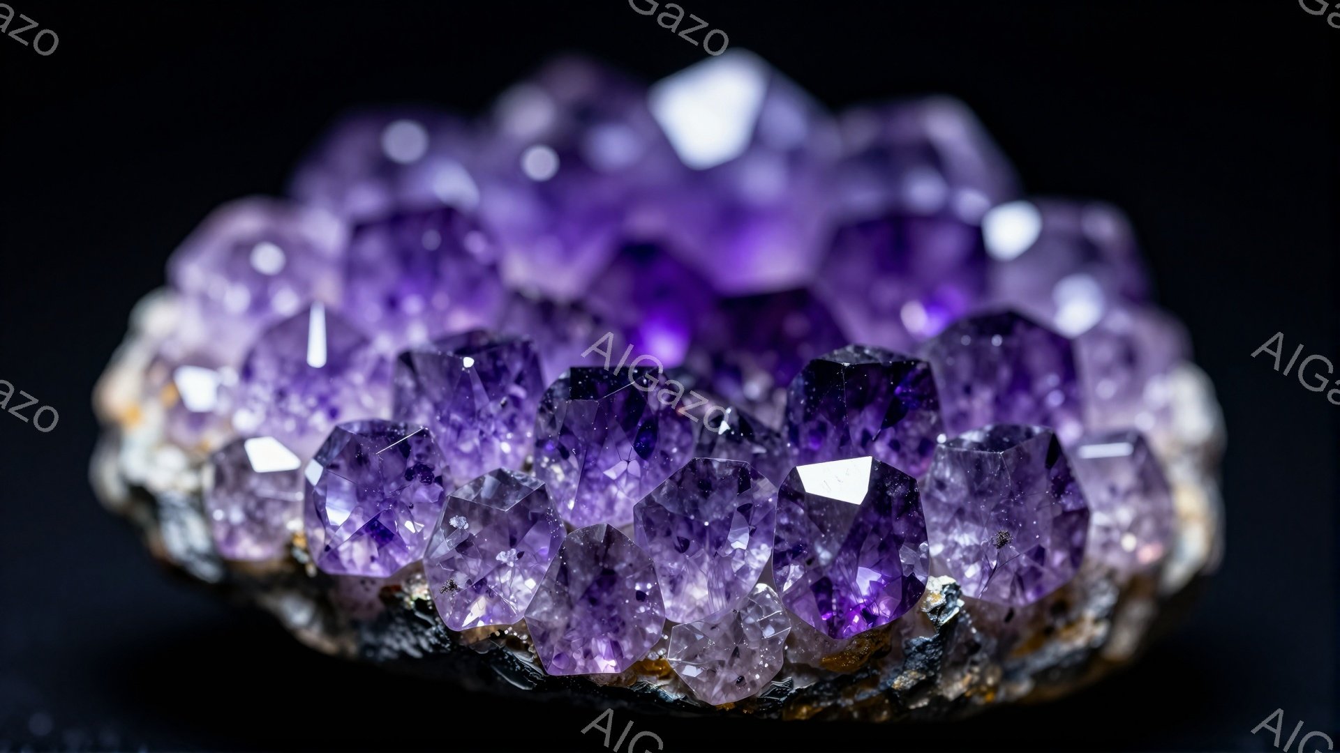 この画像は、紫水晶のクラスターを捉えたクローズアップ写真です。 濃い紫色の結晶が密集し、光を反射してキラキラと輝いています。 基盤となる岩石とのコントラストが、その美しさを際立たせており、暗い背景が紫水晶の色彩をさらに強調しています。