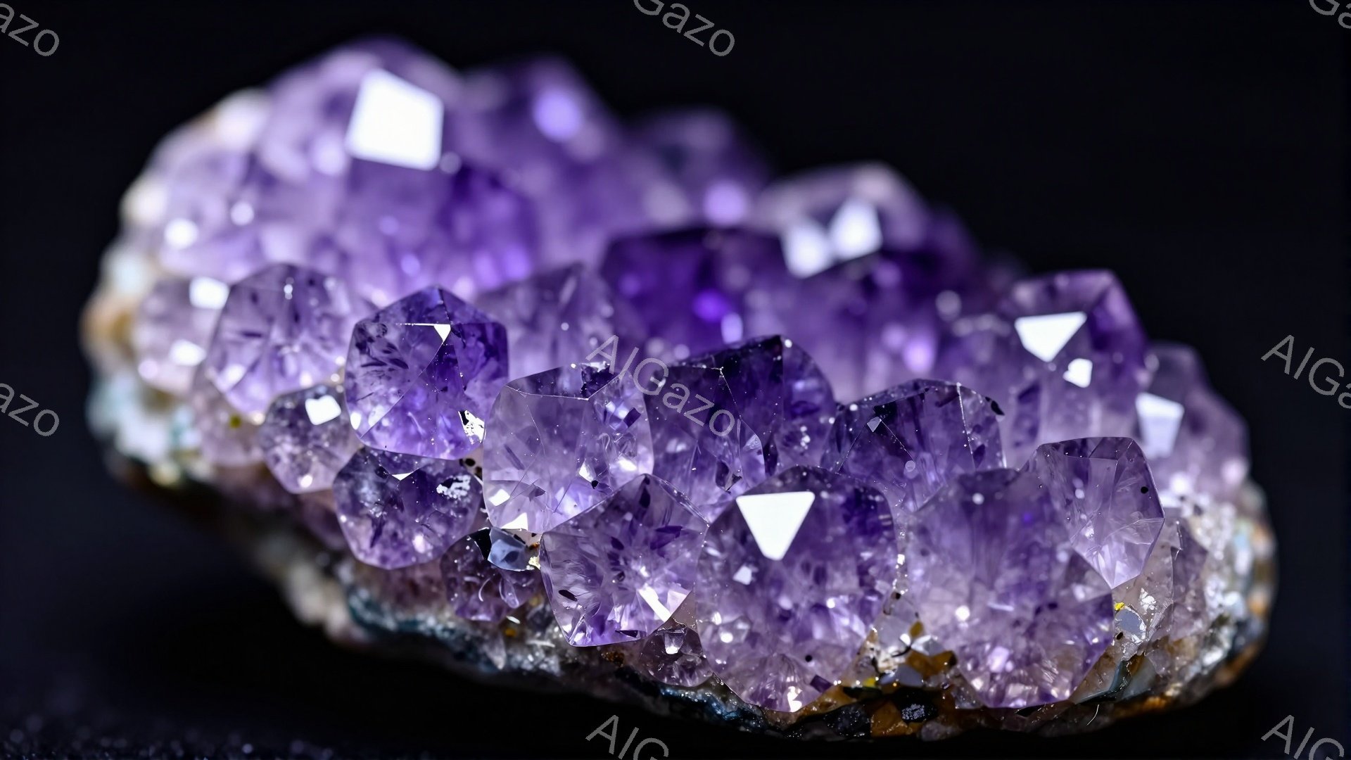 この画像は、紫色の水晶のクラスターを捉えています。光沢のある紫色の結晶が密集し、岩石の基盤の上に形成されています。暗い背景が水晶の鮮やかな色合いを強調し、神秘的で落ち着いた雰囲気を醸し出しています。