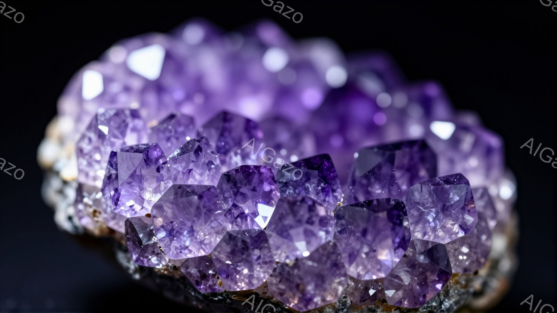 鮮やかな紫色の水晶のクラスターが、粗い岩盤の上に並んでいます。各結晶は多面体で構成され、光を反射してキラキラと輝いており、まるで宝石のようにも見えます。暗い背景が紫色の美しさを際立たせ、神秘的な雰囲気を醸し出しています。
