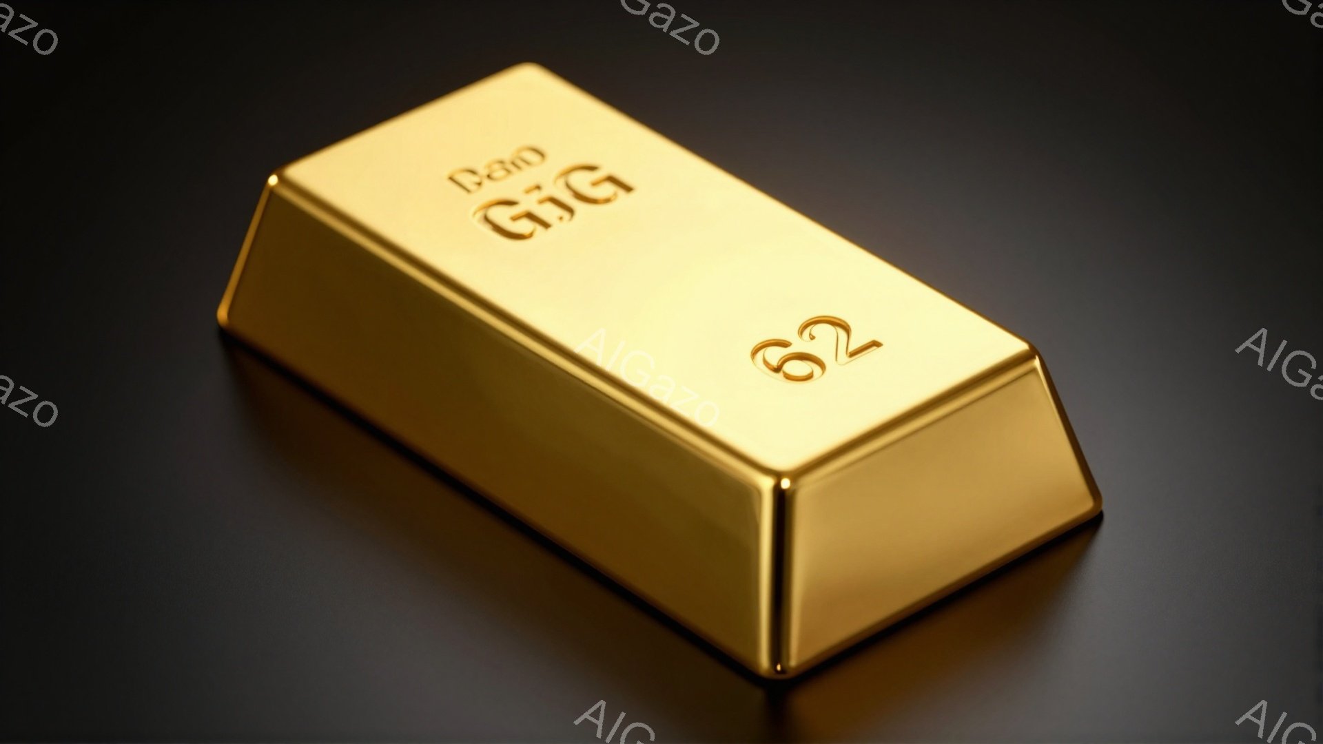 鮮やかな黄金色の延べ棒が、暗い背景の上に置かれています。延べ棒の表面は光沢があり、滑らかで、光を反射しています。全体的に重厚感と富を象徴する、静かで豪華な雰囲気です。