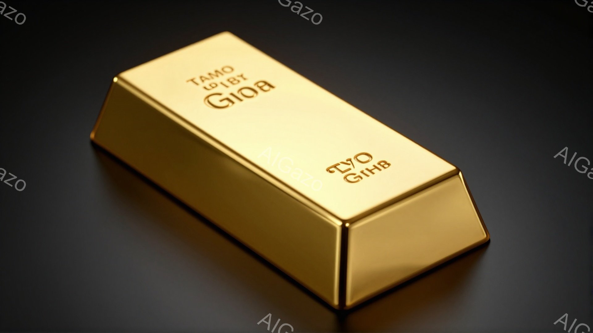 鮮やかな金色の延べ棒が、暗い背景に浮かび上がっています。光沢があり、表面にはハイライトが入り、その重厚感と価値を強調しています。背景は黒一色で、延べ棒がより際立って見え、富と安定の象徴としての雰囲気を醸し出しています。
