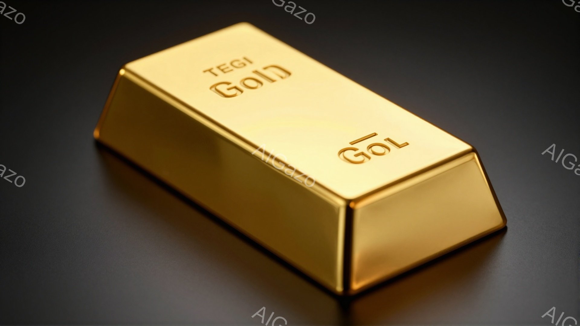 この画像は、光沢のある金色の延べ棒が写っています。延べ棒の上部には「GOLD」という文字が刻印されており、濃いグレーの背景に置かれています。光の反射が金属の質感を強調し、重厚感と富の象徴を表現しています。