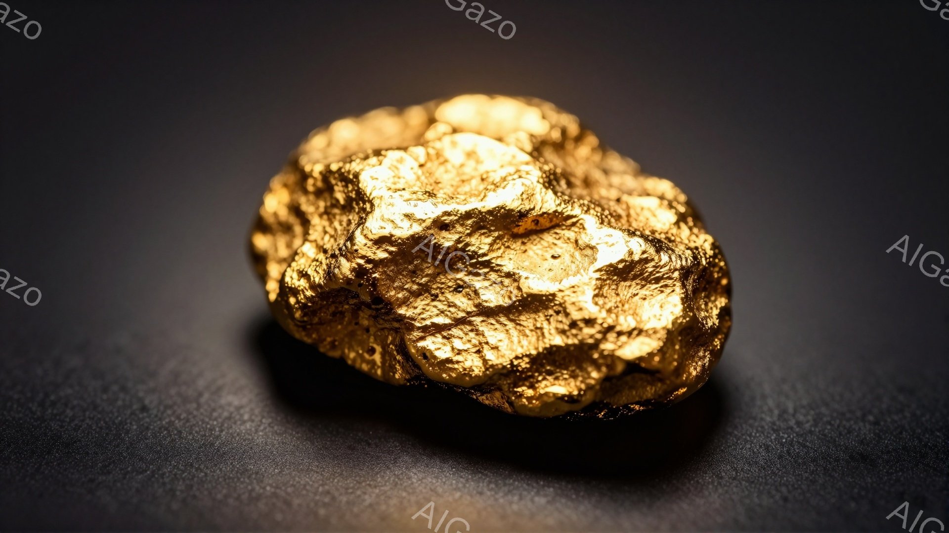濃いグレーの背景に、きらびやかな金塊が置かれています。表面は凹凸があり、光を受けて様々な方向に反射し、独特の質感を強調しています。金塊の形状は不規則で、自然の力によって形成されたようにも見え、重厚感と貴重さを感じさせます。