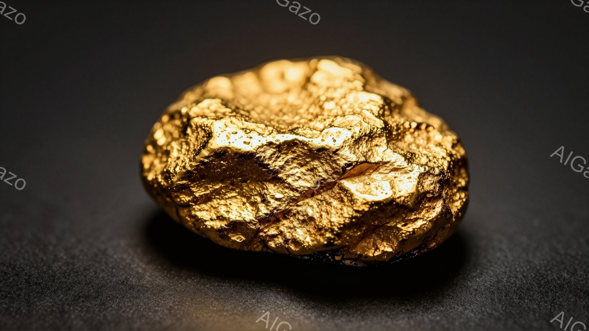 濃い灰色の背景に、光沢のある金色の塊が置かれています。表面には凹凸があり、光が反射してキラキラと輝き、まるで原生金のような印象を与えます。全体的に重厚感があり、高貴で貴重な品物であることを示唆しています。