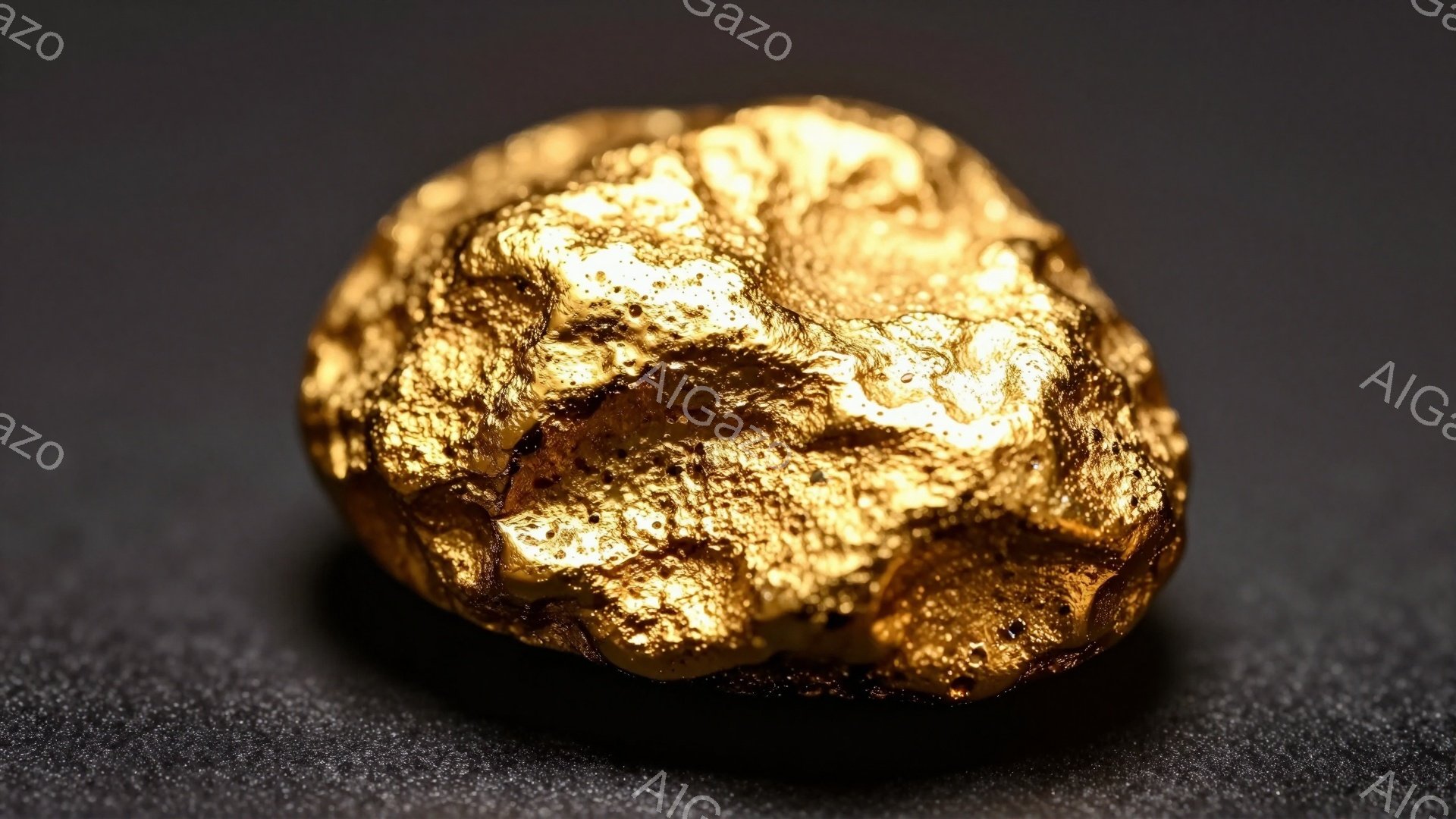 鮮やかな黄金色の塊が、粗い質感の暗い背景に浮かび上がっている。表面には細かい凹凸があり、光を反射してキラキラと輝いている。全体的に重厚で貴重な雰囲気を醸し出しており、自然の造形美が感じられる。
