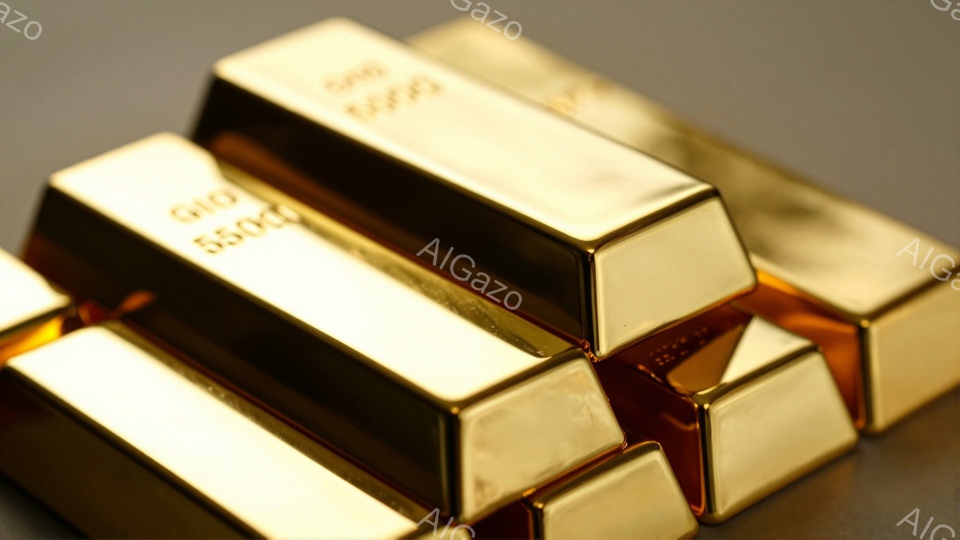 黄金のインゴットが数本、互いに重なり合って配置されている。インゴットは光沢があり、表面に反射がみられ、その上に黒色の文字が刻印されている。背景はぼやけた灰色で、インゴットが際立っている。