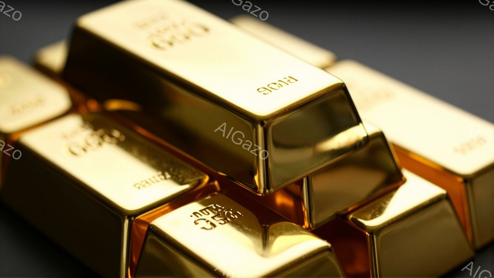 画像には、整然と積み重ねられた金塊が写っている。金塊は光沢があり、表面には数字と文字が刻印されている。暗い背景が、金塊の輝きを際立たせ、富と安定感を漂わせる雰囲気を醸し出している。