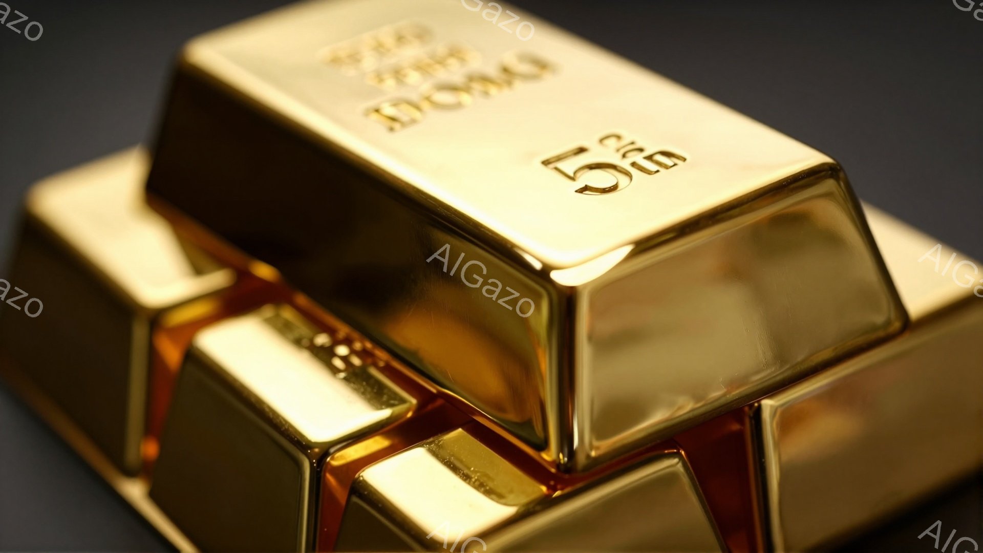 黄金色の延べ棒がいくつか積み重ねられたクローズアップ写真です。光沢があり、表面には製造情報らしき文字が刻まれています。暗い背景とのコントラストが、金属の輝きを際立たせています。