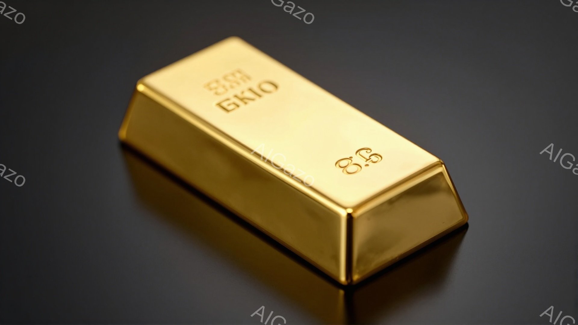 鮮やかな金色の延べ棒が、黒い背景に映えています。金属的な光沢が強く、表面には「9999」と刻印されています。延べ棒の影がはっきりと見え、重厚感と富の象徴のような雰囲気を醸し出しています。