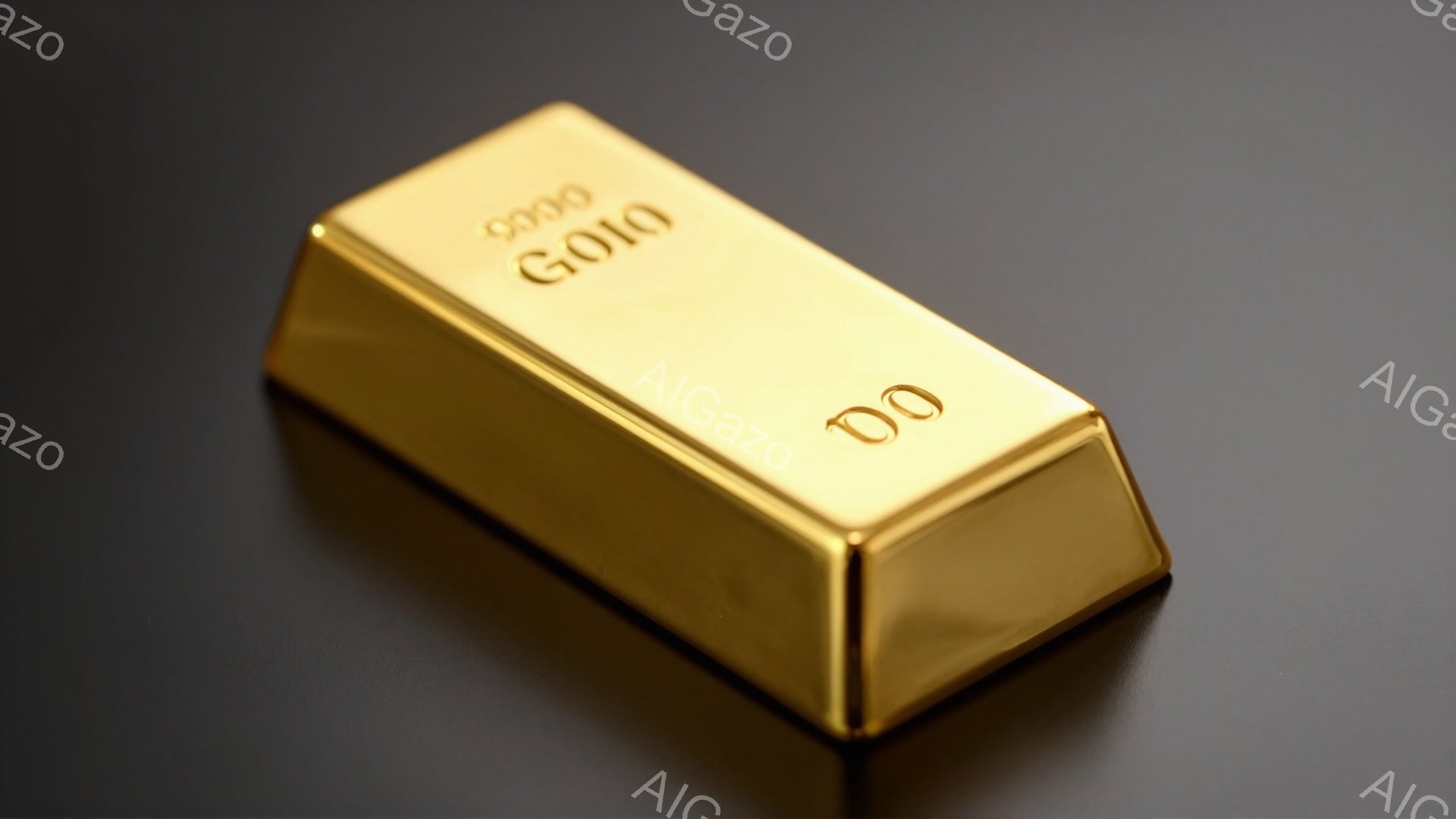 画像は、光沢のある金色の延べ棒が黒い背景に置かれている様子を示しています。延べ棒は角ばっており、表面には「GOOD」という文字が刻まれています。全体的に、富、価値、または投資を示すシンプルでミニマルな構図です。
