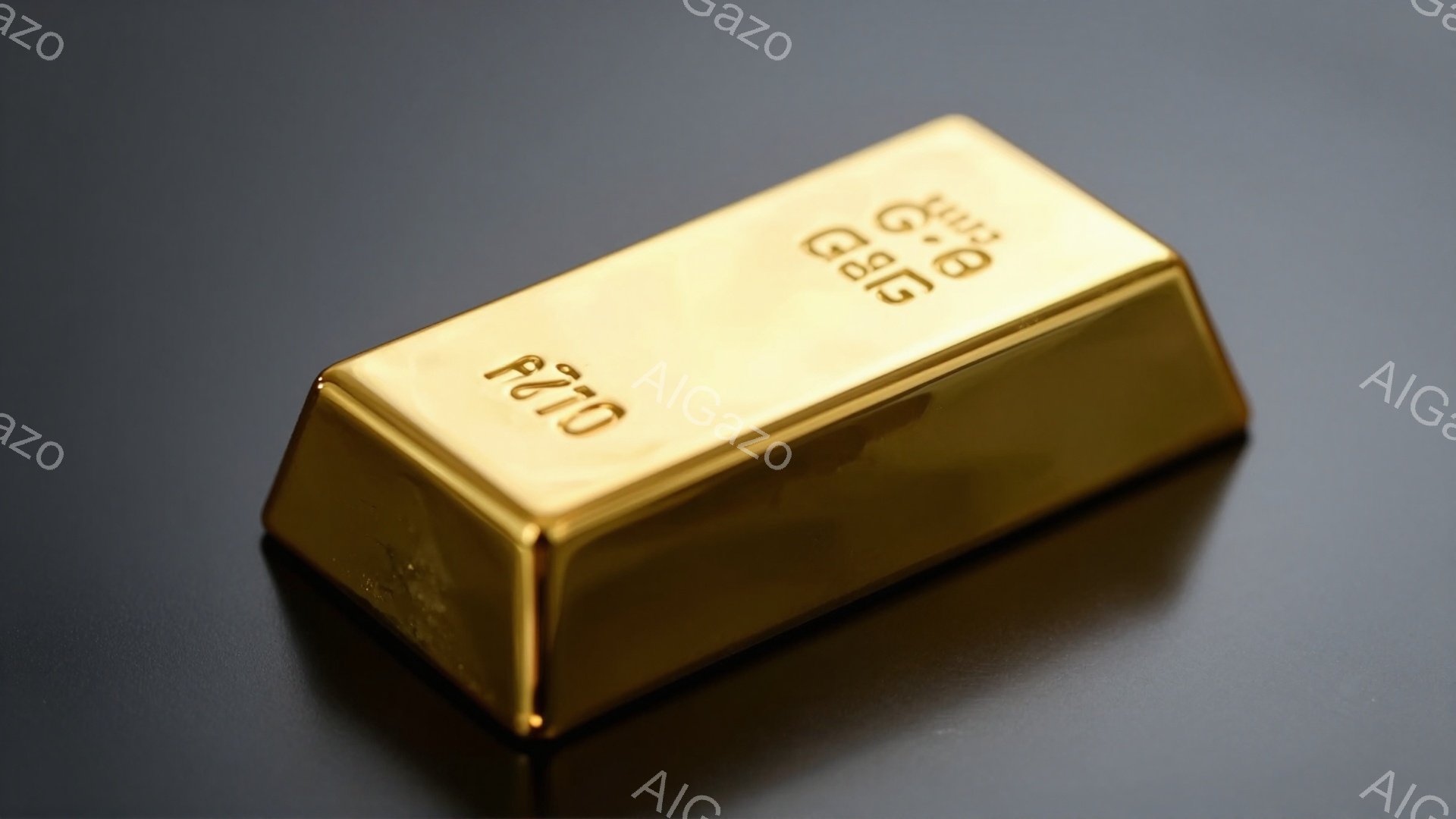 鮮やかな金色の延べ棒が、暗い背景に置かれています。表面は光を反射して輝いており、その質感を強調しています。全体的に重厚感と高級感を漂わせる静止画です。