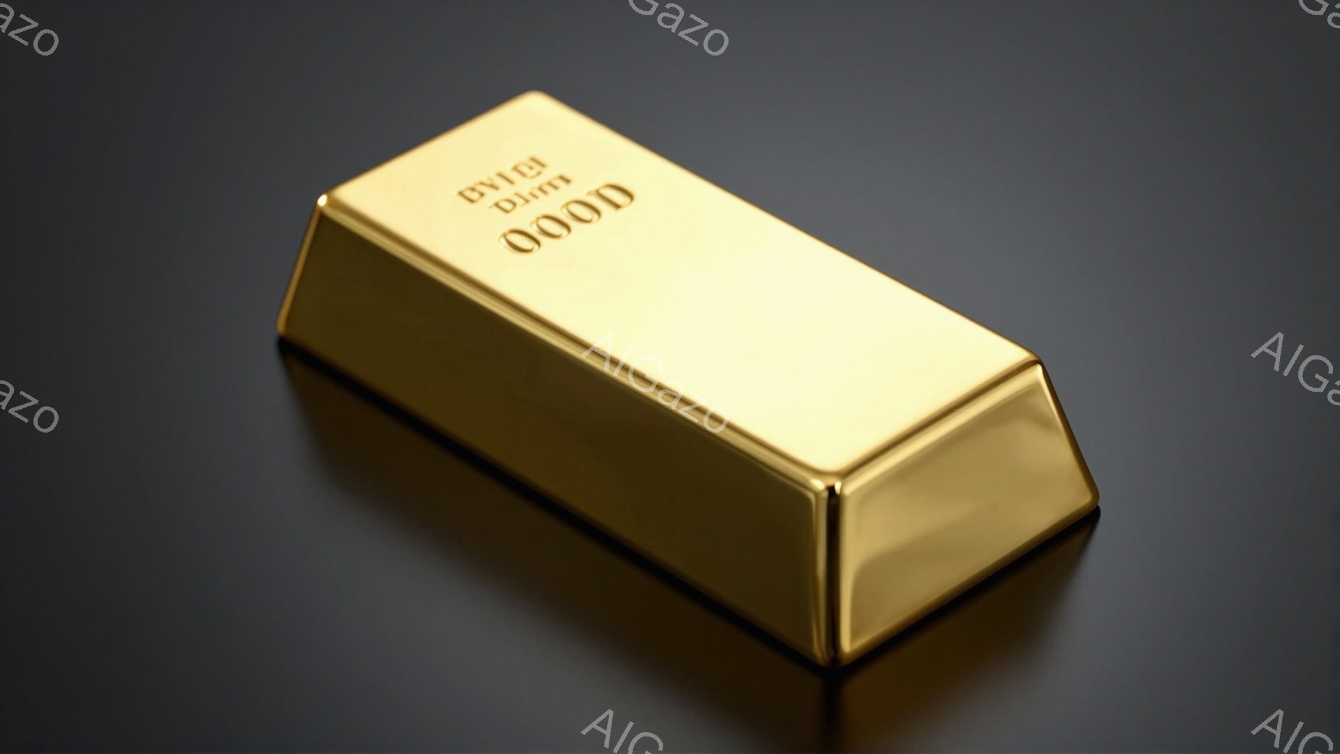 画像は、磨き上げられた金色の延べ棒を捉えています。光沢があり、滑らかな表面は、強い光を反射し、その鮮やかな色合いを強調しています。暗い背景とのコントラストが、延べ棒の存在感を際立たせています。