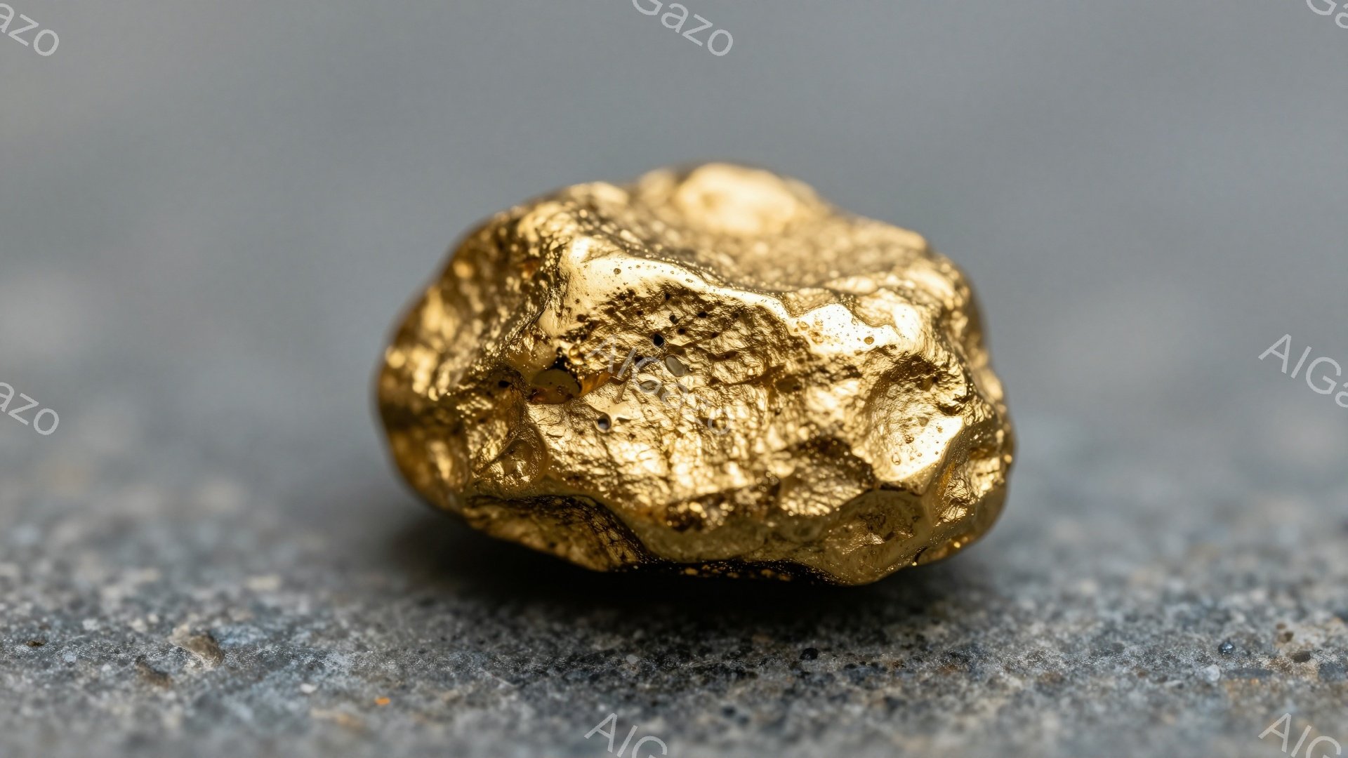 粗く形作られた金色の塊が、ざらざらとした灰色の表面の上に置かれています。光がその表面に当たり、複雑なテクスチャと凹凸を強調しています。背景はぼやけており、焦点は完全にこの金属の物体に向けられています。