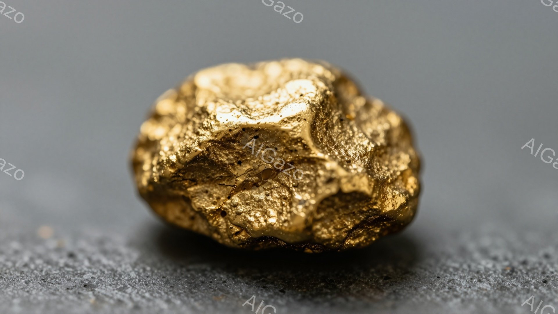 ざらざらとした表面を持つ金色の塊が、粗い灰色の背景の上に置かれています。光が塊の凹凸に当たり、様々な濃淡を生み出しています。全体的に、自然の鉱物や宝物のような、重厚感と神秘的な雰囲気を醸し出しています。