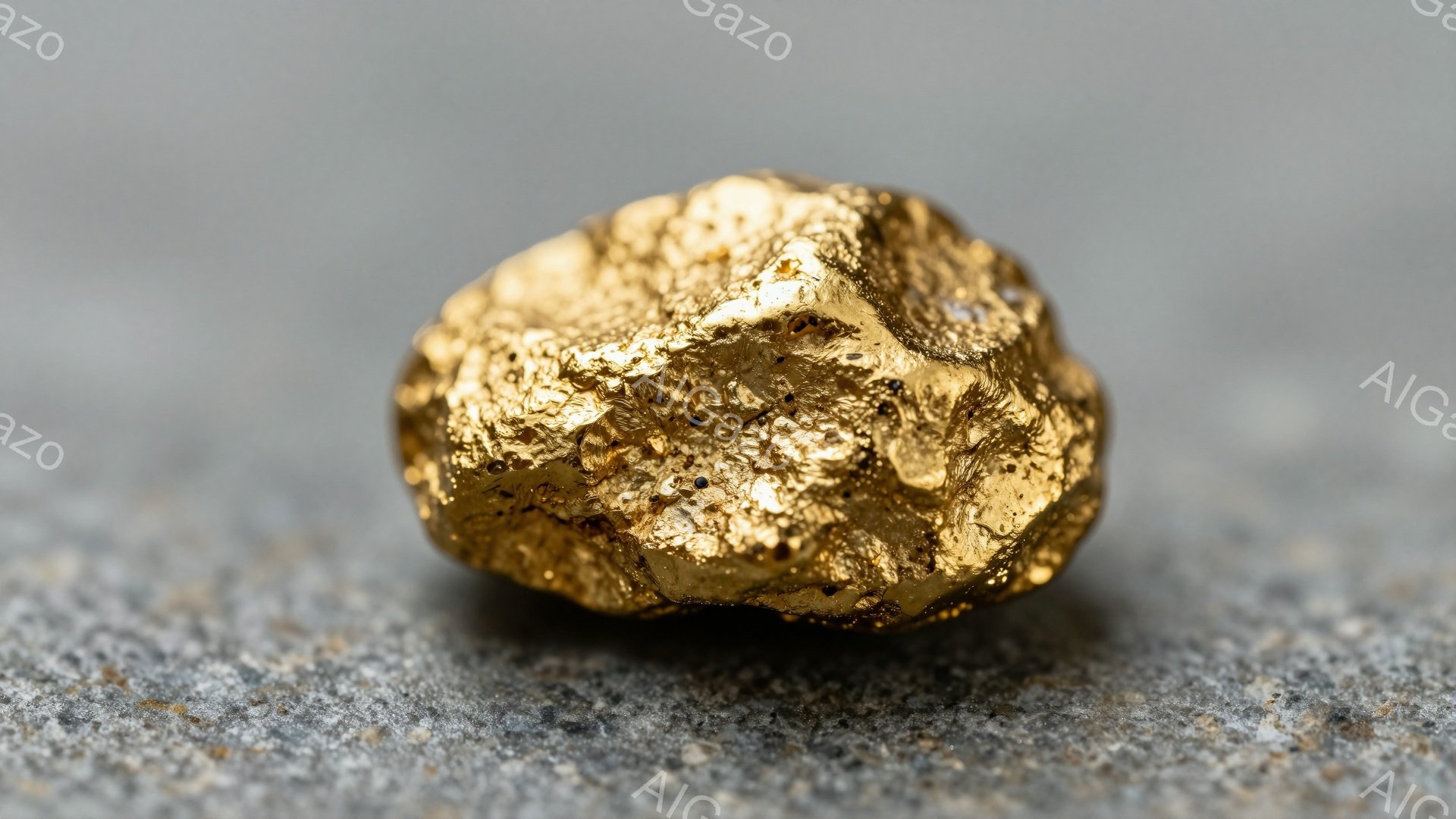 鮮やかな金色の塊が、粗い灰色の表面の上に置かれています。表面は凹凸があり、光沢があり、まるで天然の金鉱石のようです。背景はぼやけていますが、岩のような質感が見られ、自然の中で撮影された印象を与えます。