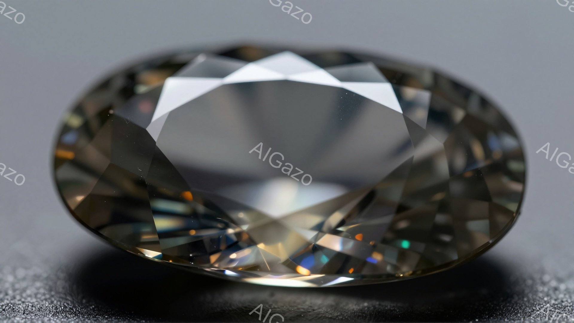 鮮やかな輝きを放つ、カットされた宝石が画面中央に大きく配置されている。宝石は茶色とグレーの色調で、光を反射して虹色の輝きを見せ、その研磨された表面は多角的な輝きを生み出している。背景は暗いグレーで、宝石の輝きを際立たせ、全体として洗練された雰囲気を醸し出している。