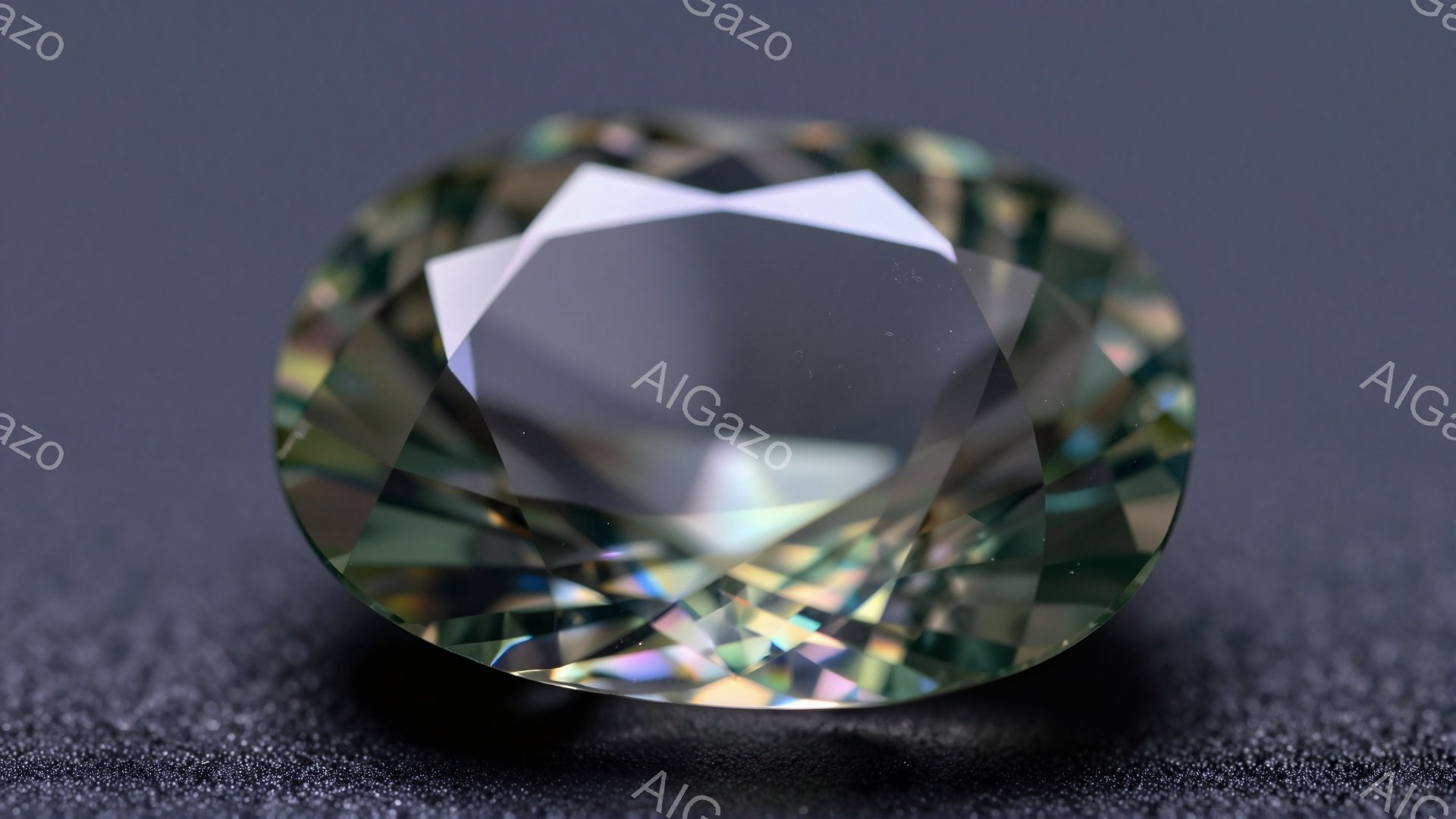 画像は、多面カットされた緑がかった宝石のクローズアップ写真です。宝石は光を反射して虹色の輝きを放ち、その表面には複雑な模様が映り込んでいます。背景は暗いグレーで、宝石の輝きを際立たせています。