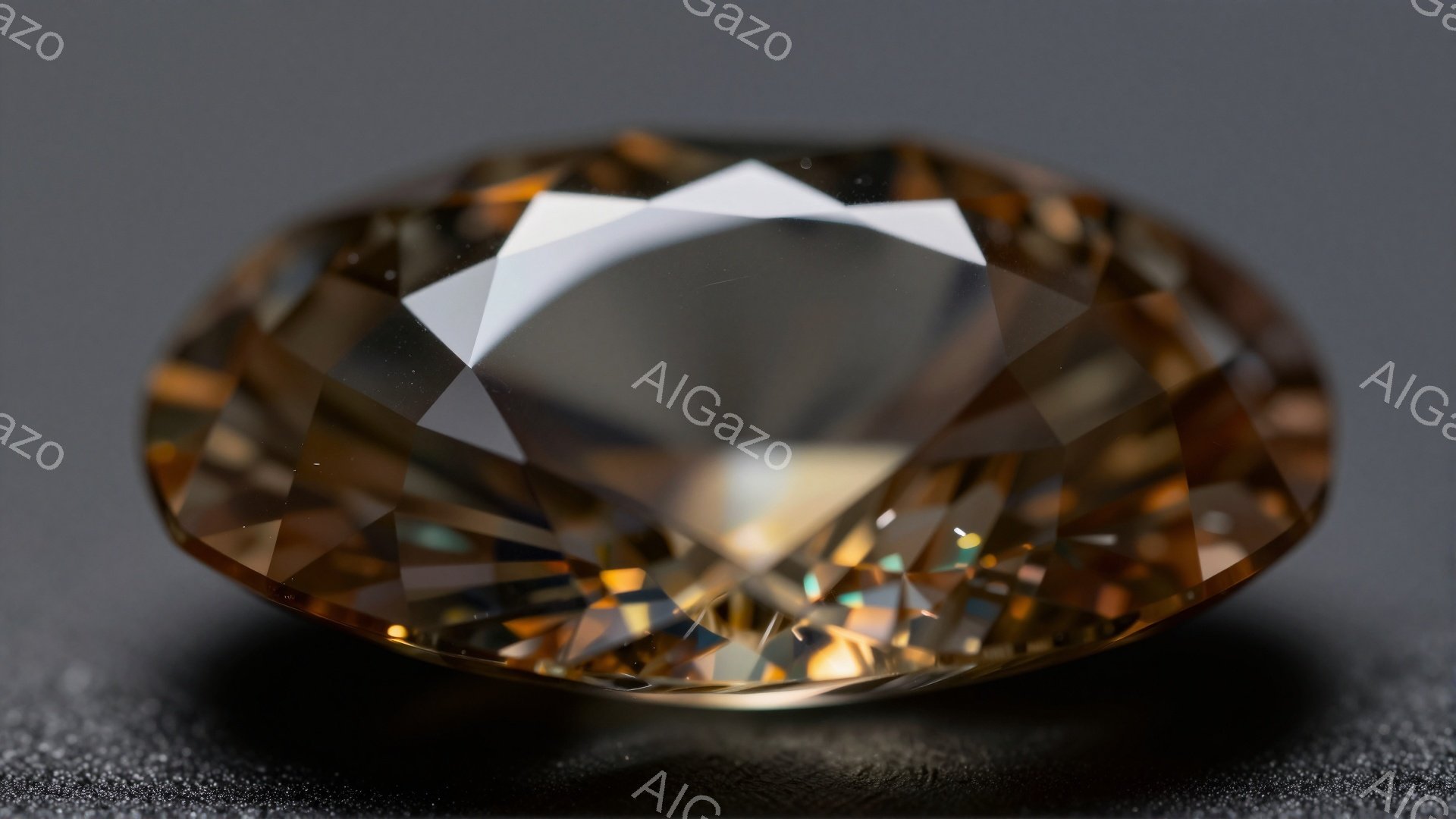画像は、研磨された茶色の宝石をクローズアップで捉えたものです。宝石は多面体カットされており、光を反射して輝きを放っています。背景は暗いグレーで、宝石の輝きを際立たせています。