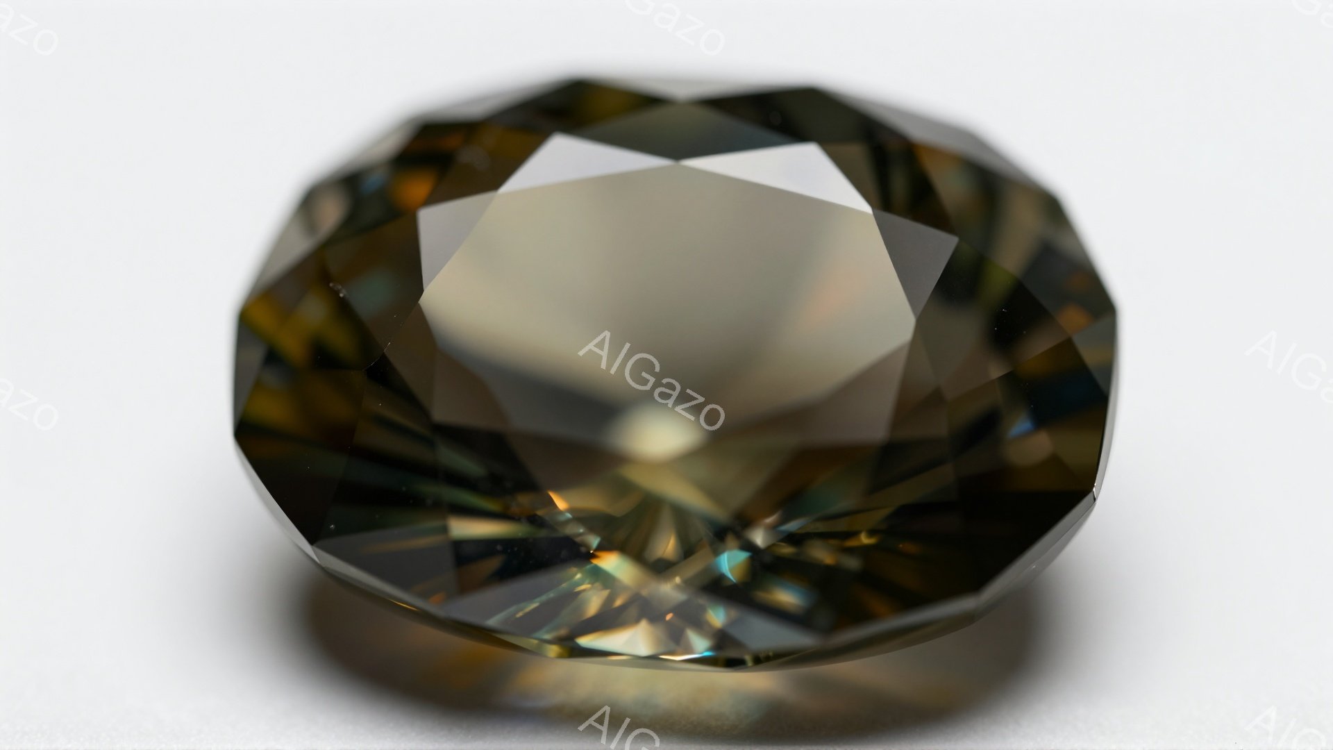 この画像は、多面カットされた茶色の宝石のクローズアップです。表面は光を反射し、内部には虹色の輝きが見られます。背景は白く、宝石が際立っています。