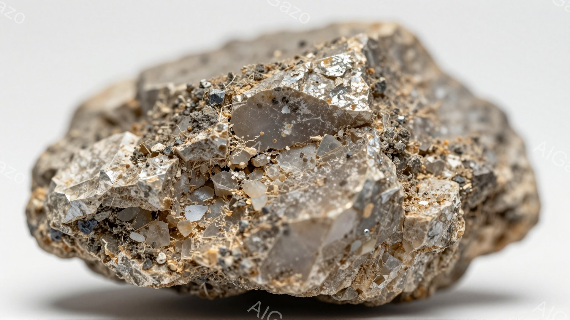 この画像は、茶色と灰色を基調とした岩石のクローズアップ写真です。表面は粗く、様々な大きさの結晶が密集しており、光を反射して輝いています。背景は白く、岩石が際立っており、鉱物標本のような印象を与えます。