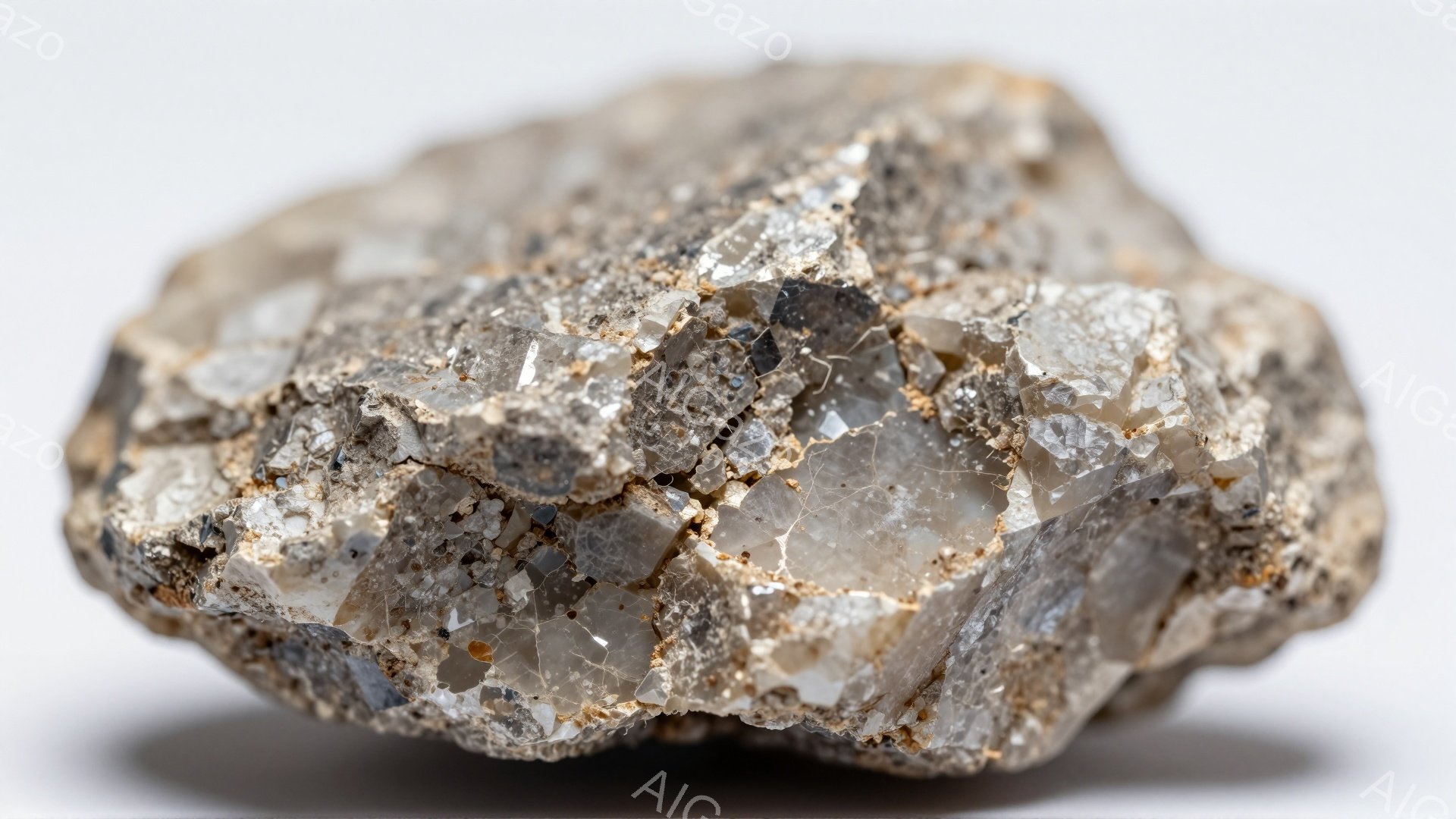 この画像は、粗い表面を持つ岩石のクローズアップ写真です。岩石は灰色と茶色の色調で、内部には透明な結晶がいくつか見られます。背景は白く、岩石が際立って見えます。