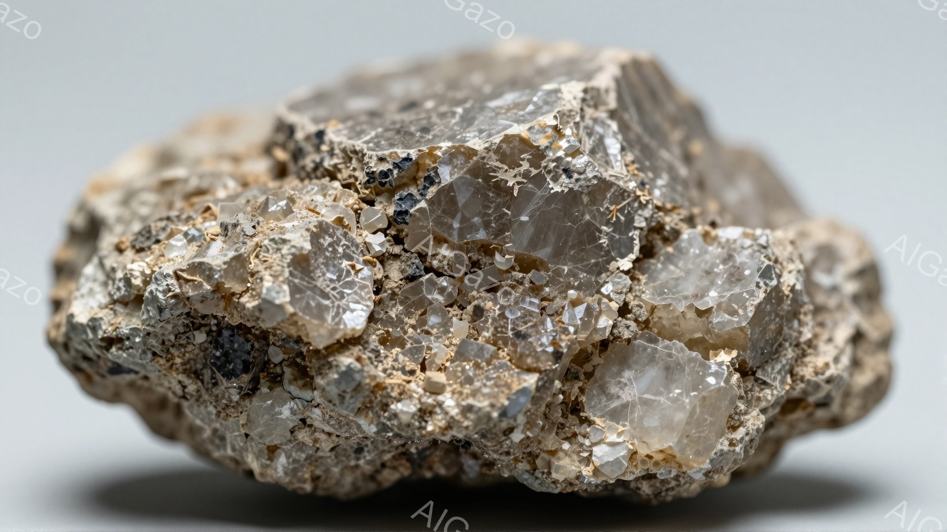 不規則な形状の岩石のクローズアップ写真です。表面は茶色と白の鉱物で覆われ、透明な結晶が点在しています。背景は均一なグレーで、岩石が際立っています。