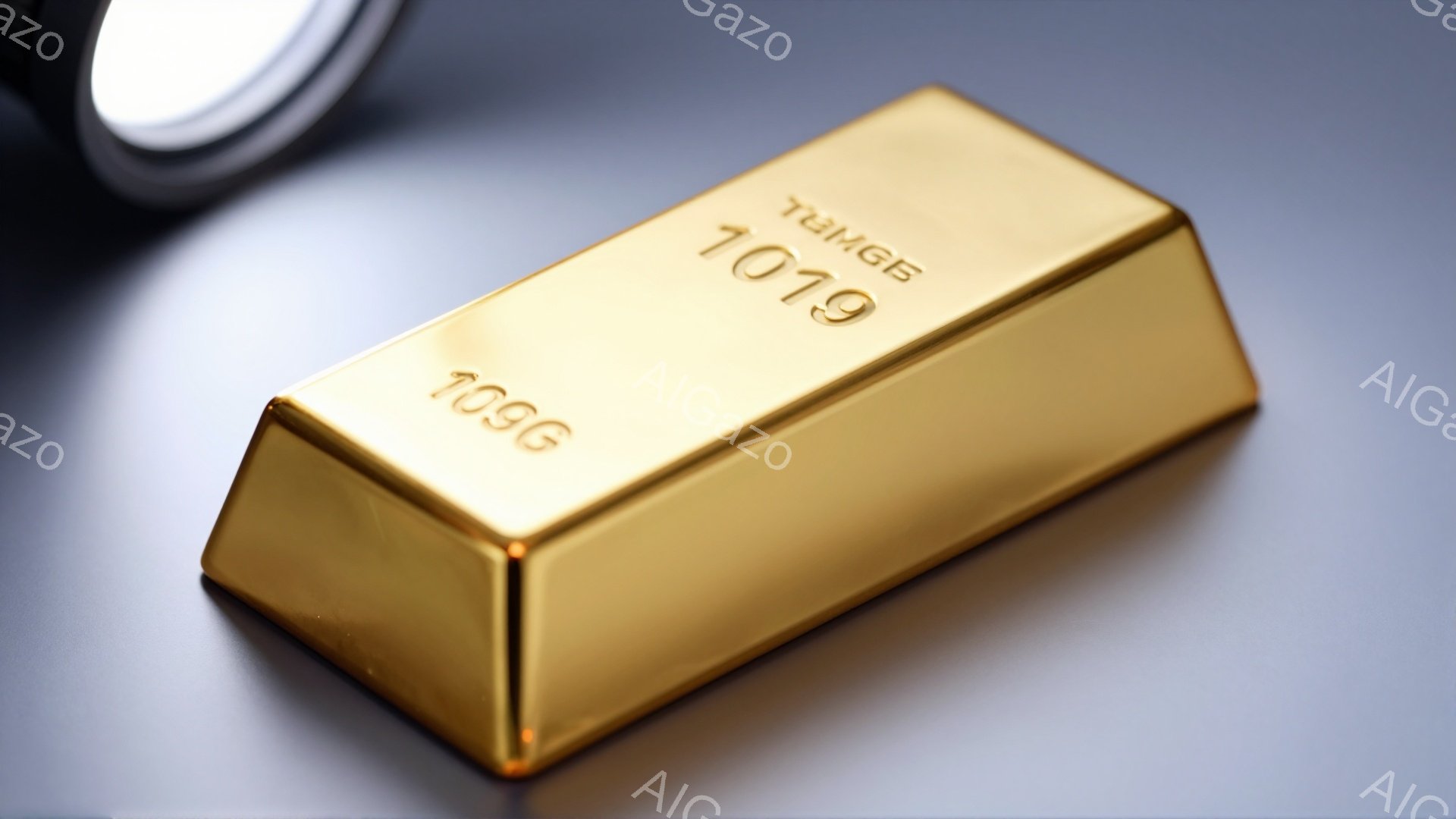 画像は、光沢のある金色の延べ棒を捉えています。延べ棒には「10mg」という刻印があり、表面は滑らかで反射しています。背景はグレーの単調な表面で、わずかにぼやけた金属的な物体が一部に写っています。