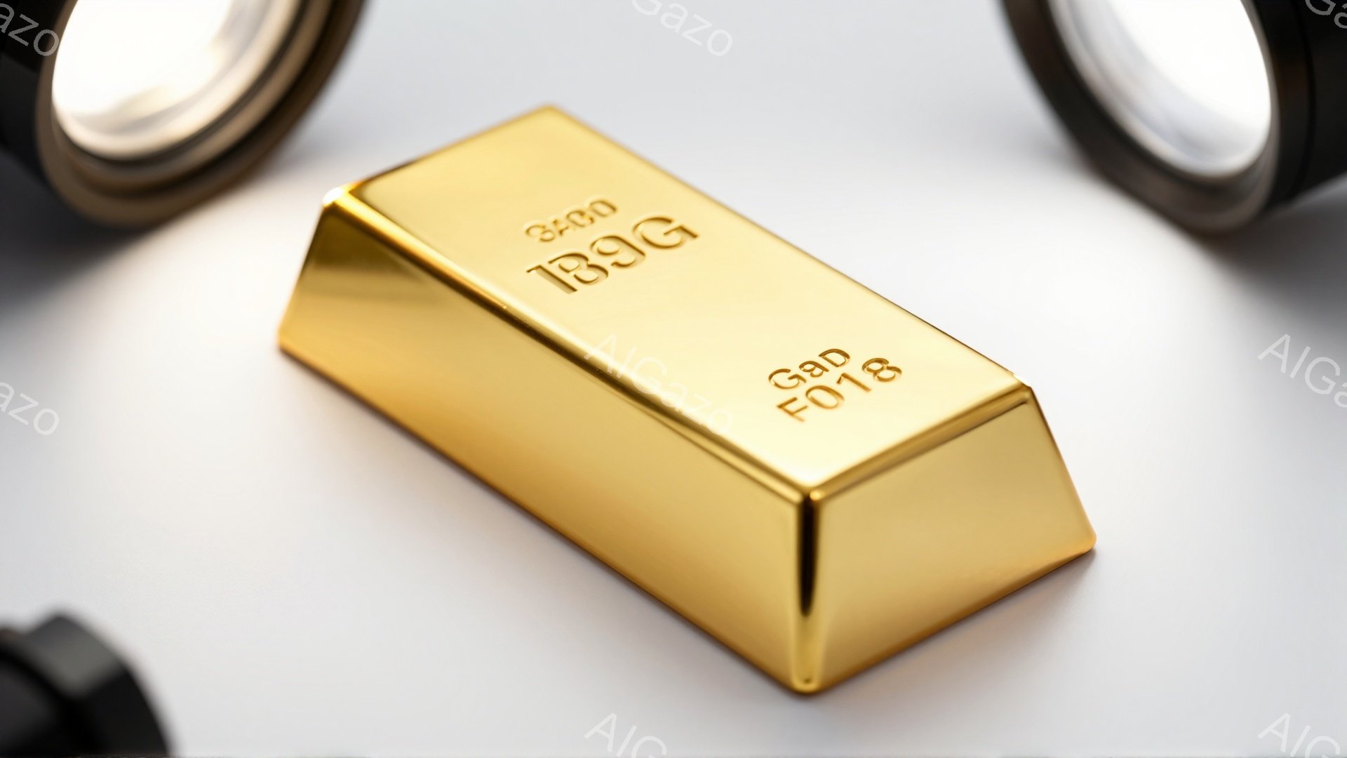 この画像は、光沢のある金色の延べ棒が白い背景に置かれている様子を捉えています。延べ棒には「340」と刻印されており、その表面は明るい光によって照らされ、反射しています。左側には一部が写っている黒い物体があり、背景はシンプルで焦点が金塊に集中しています。