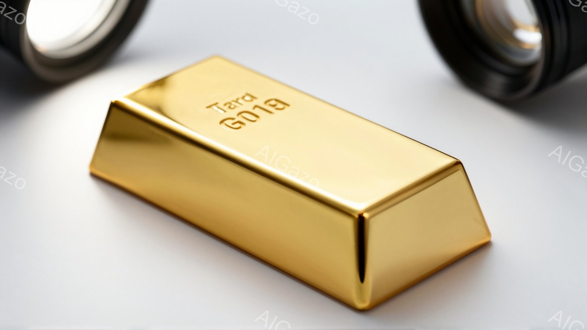 輝く金塊が白い背景に置かれています。金塊の端には「GOOD DELIVERY」という文字が刻印されており、背景にはぼやけたレンズの一部が見えます。全体的に富と安定を象徴する、高級感のある静止画です。