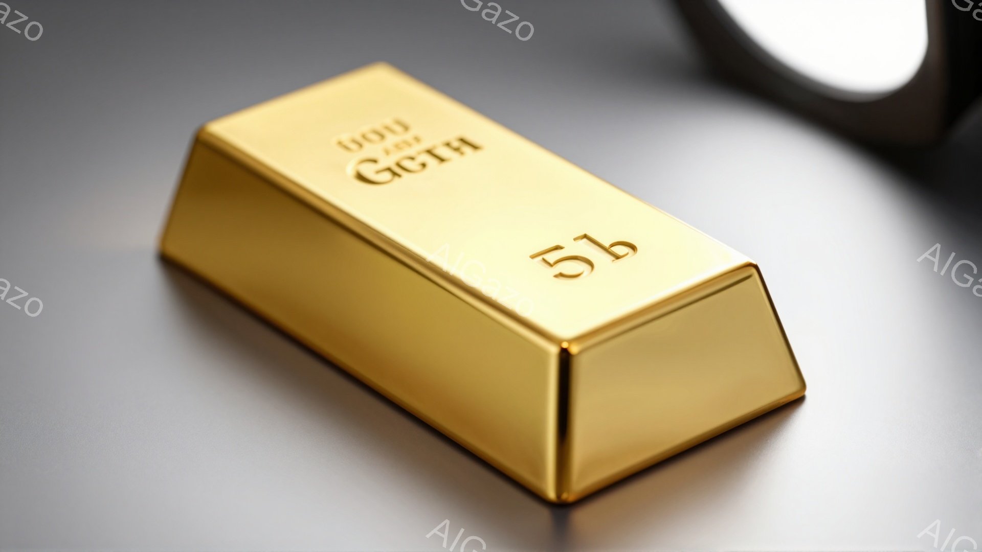 鮮やかな金色の延べ棒が、灰色がかった滑らかな表面の上に乗っています。延べ棒には「GOOD DELIVERY」という文字が刻まれており、光沢があり、角が鋭利です。背景はぼやけており、焦点は延べ棒に合っています。