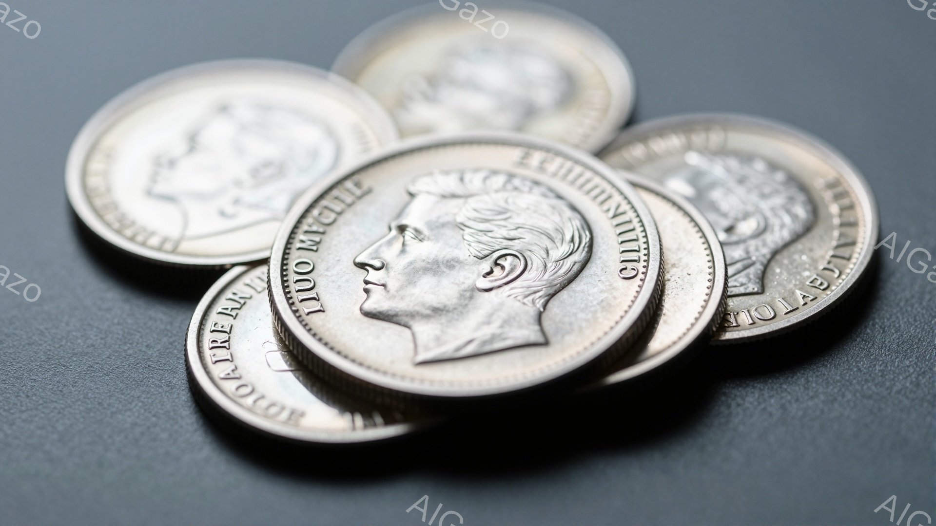 画像には、複数の銀貨が積み重ねられている様子が写っています。貨幣には男性の横顔が刻まれており、クラシカルな髪型と服装をしています。背景は暗いグレーで、コインの金属的な光沢が際立っています。