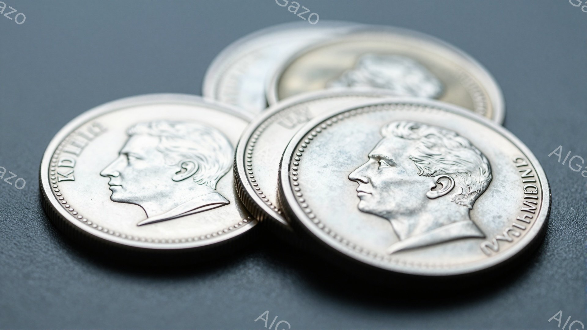 画像には、互いに重なり合った銀色の硬貨が写っています。硬貨には、横向きの男性の肖像が刻まれており、整髪された髪と特徴的な鼻立ちがはっきりと見えます。背景は暗いグレーで、硬貨の金属的な光沢を際立たせており、全体的に落ち着いた雰囲気です。