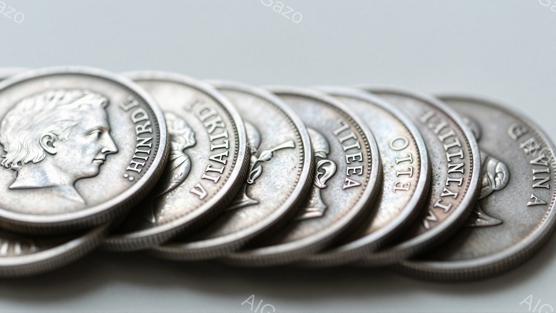 古びた銀貨が横一列に並べられています。貨幣の表面には、横顔の人物像が彫られており、摩耗した質感から長年使用されたものであることが伺えます。背景は均一なグレーで、貨幣が際立つように工夫されています。