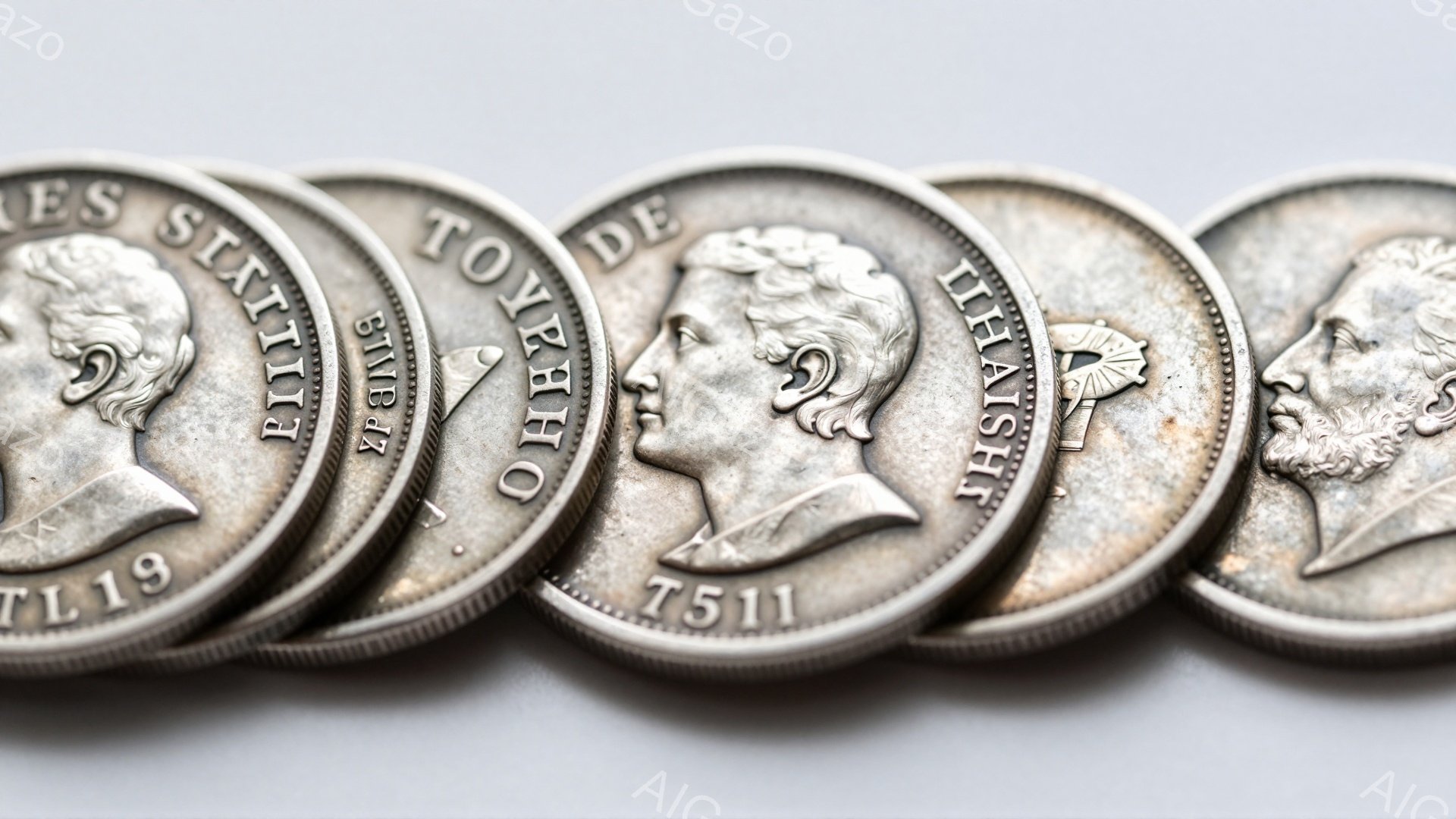 画像には、古びた銀貨が横一列に並べられています。各硬貨には、プロファイルで描かれた男性の肖像が刻まれており、それぞれ異なる髪型やひげの形をしています。背景はぼやけた明るいグレーで、硬貨の古めかしさと歴 - AI生成フリー素材