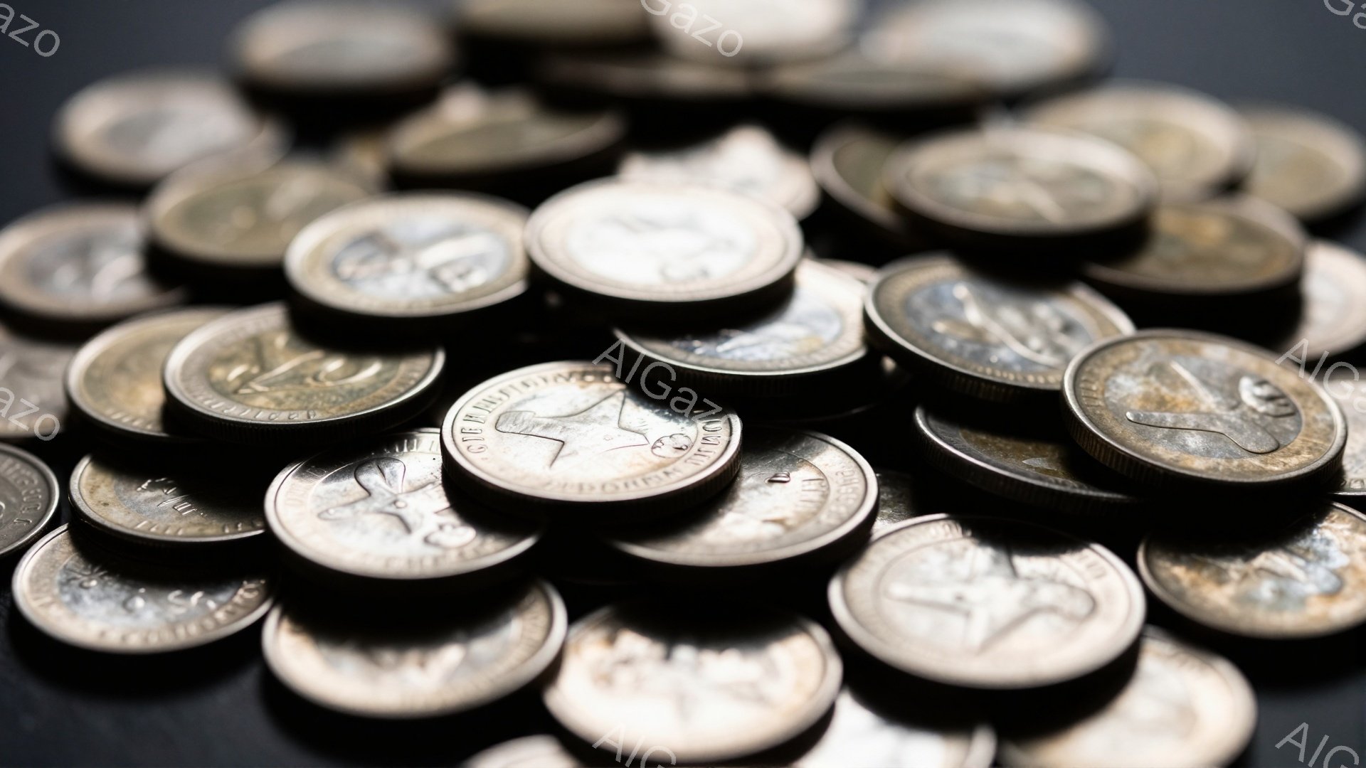 画像には、多くの古いコインが不規則に散らばっています。コインは銀色で、摩耗や汚れが見られ、長年使用された様子が伺えます。背景は暗い色調で、コインの古びた質感が強調されています。