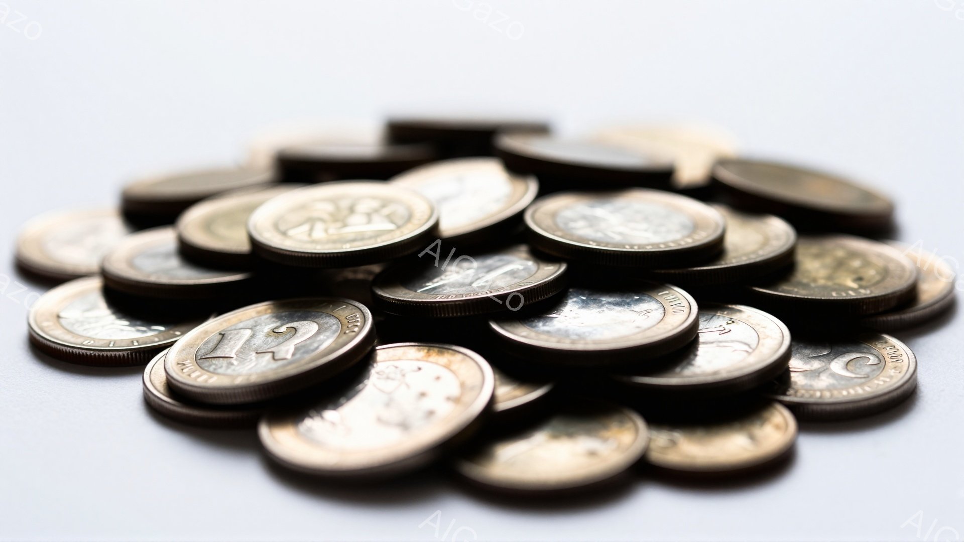 白い背景に、多数のオーストラリアの硬貨が散乱している様子が写っている。硬貨は様々な額面のもので、一部は重ねて積み重なっており、光の反射で銀色に輝いている。全体的に、硬貨の質感と量感が強調された、静止画である。