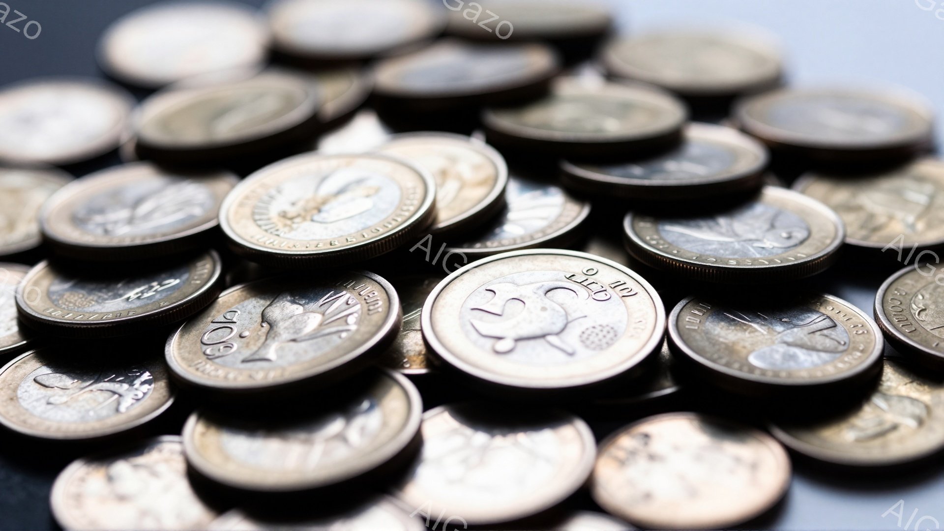 画像は、様々な角度で配置された大量のカナダの硬貨を捉えています。硬貨は光沢があり、表面には複雑なデザインが刻まれています。背景は暗く、硬貨の金属光沢が際立っており、硬貨が主な焦点となっている様子が伝わってきます。