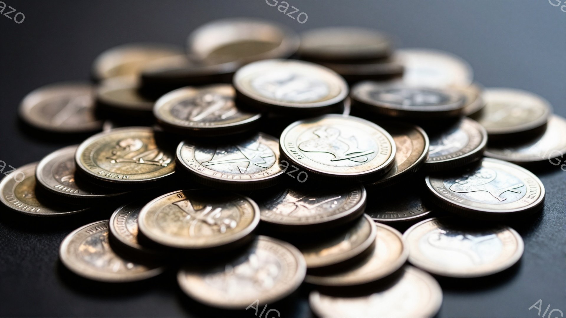 濃いグレーの背景に、オーストラリアの硬貨が散乱して写っています。硬貨は、カンガルーのデザインが特徴的で、使用感があり、磨かれた金属光沢がわずかに見られます。全体的に、お金や富を象徴する、シンプルで静的な構図です。