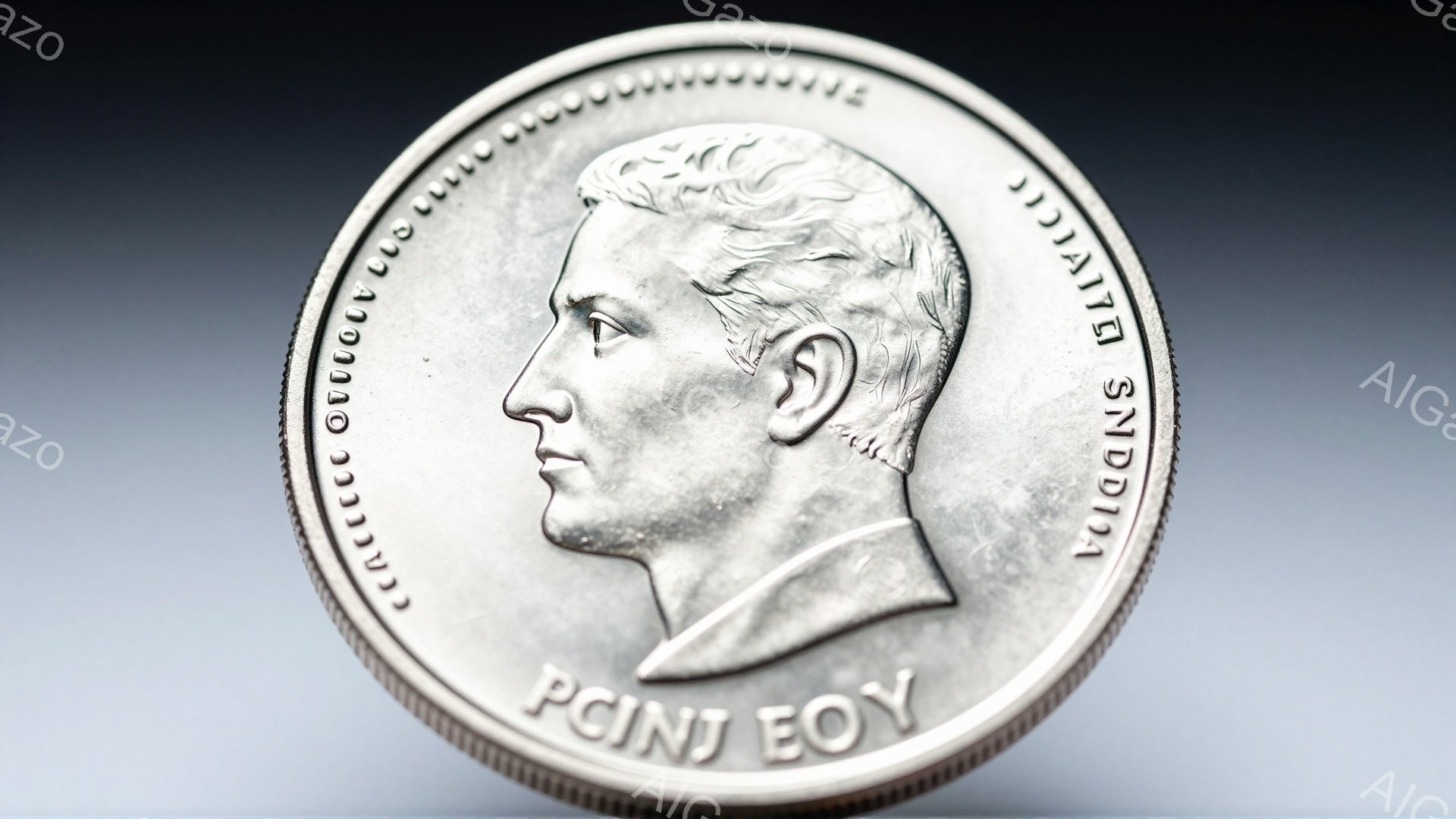 この画像は銀色のコインのクローズアップであり、正面には男性の横顔が描かれています。男性は短い髪型で、フォーマルな服装をしているように見え、真剣な表情をしています。コインの周囲には文字が刻まれており、背 - AI生成フリー素材