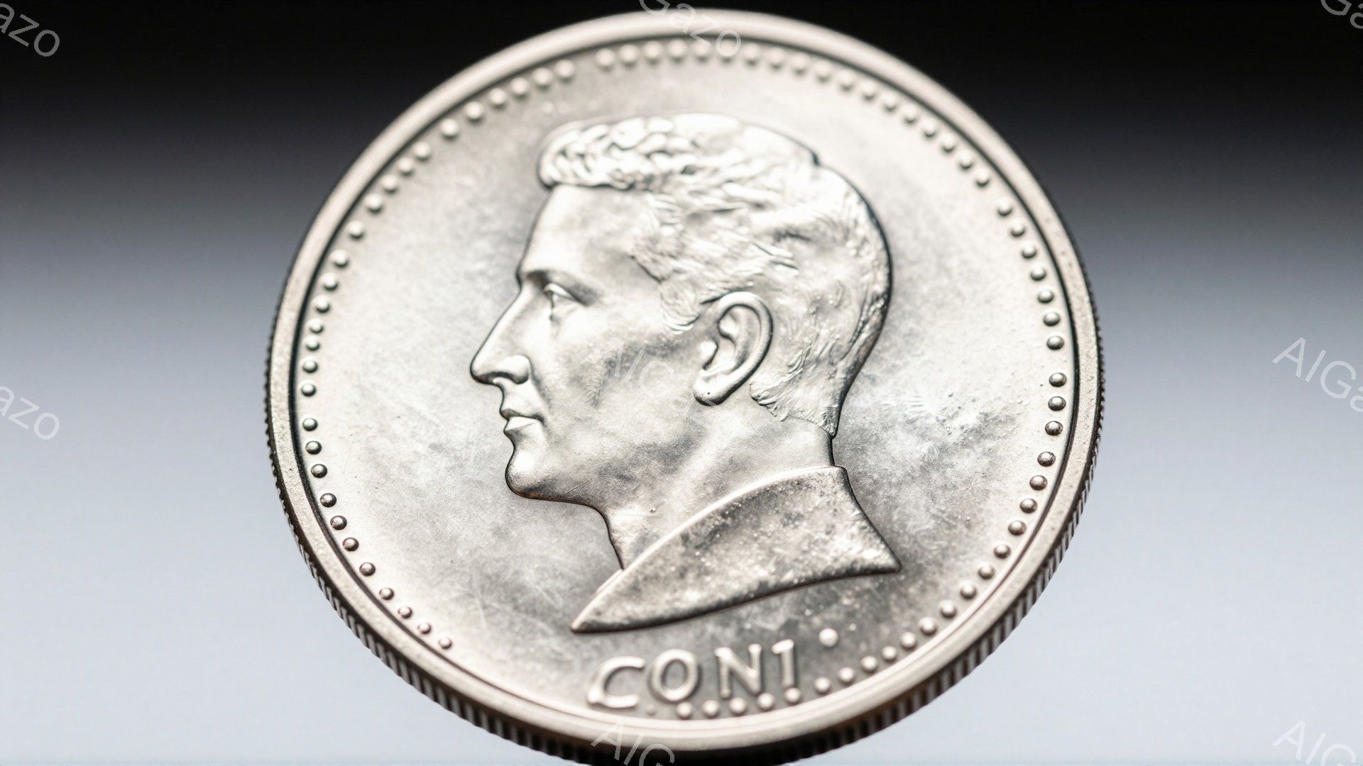これは銀色の硬貨の表面で、人物の横顔が刻まれています。男性は短い髪で、襟のあるシンプルな服を着ており、やや厳しい表情をしています。硬貨の縁には小さな凹凸があり、下部には「CONI」という文字が刻印されています。