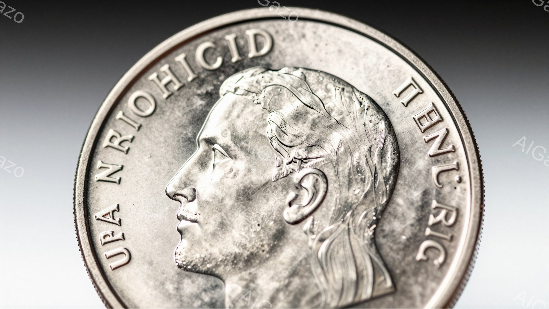 古い銀貨の表面がクローズアップで写っている。貨幣には、先住民の男性の横顔が彫刻されており、頭には羽根飾りをつけている。文字は貨幣の縁に刻印されており、全体的に古びた金属の質感が感じられる。