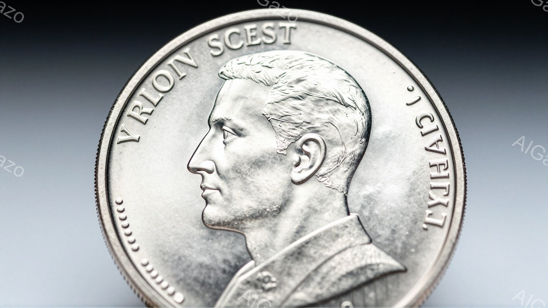 この画像は銀貨の表面のクローズアップで、男性の横顔が彫られています。男性は襟のあるジャケットのような服を着ており、髪は短く整えられています。硬貨の周囲には文字が刻まれ、全体的に硬質な印象を与える、光沢のある金属の質感が際立っています。