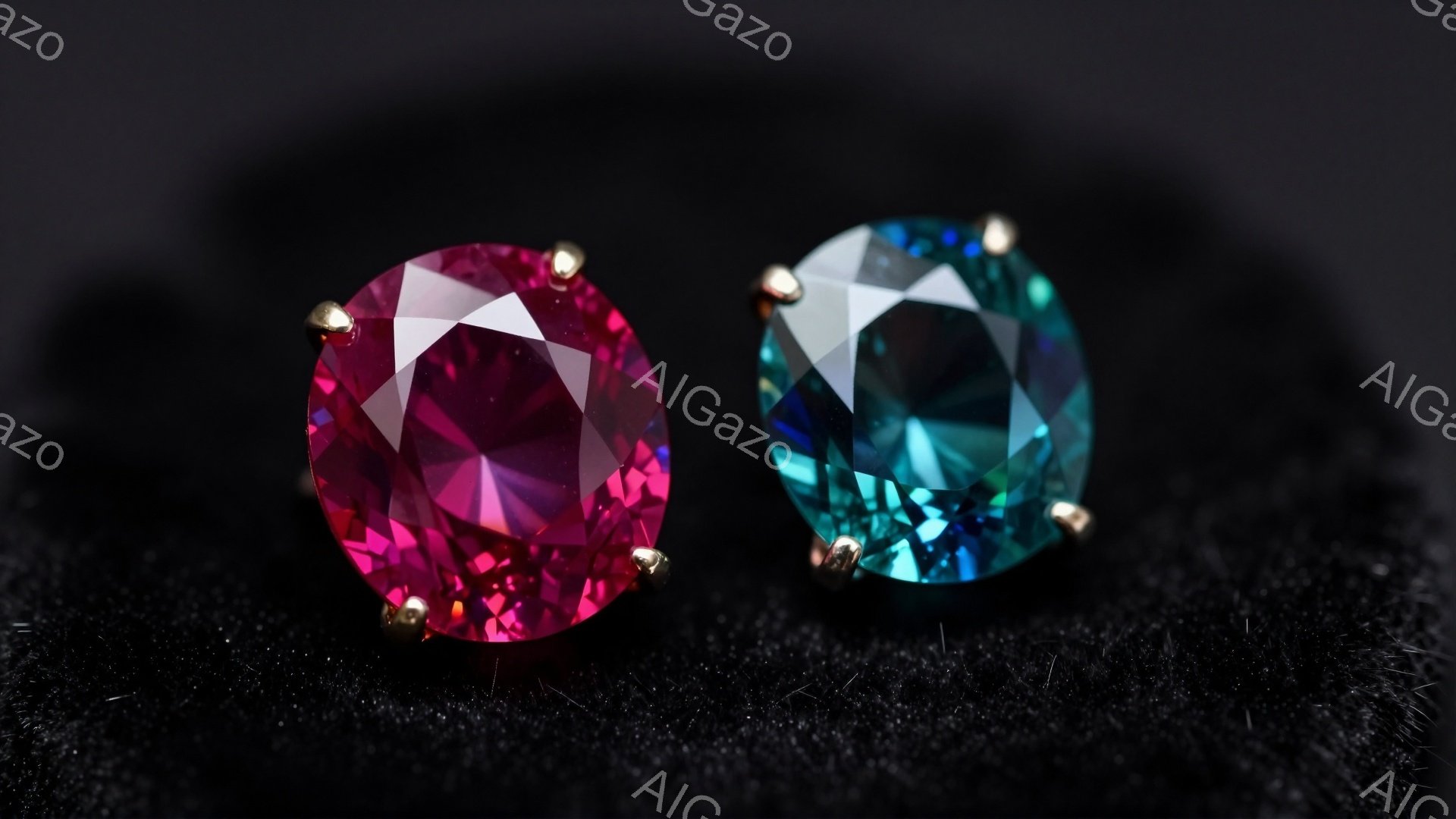 鮮やかなピンクとターコイズブルーの宝石が、黒い背景に並んで配置されている。それぞれの宝石は多くの面でカットされており、光を反射してキラキラと輝いている。背景は繊維のような質感で、宝石の色彩を際立たせている。