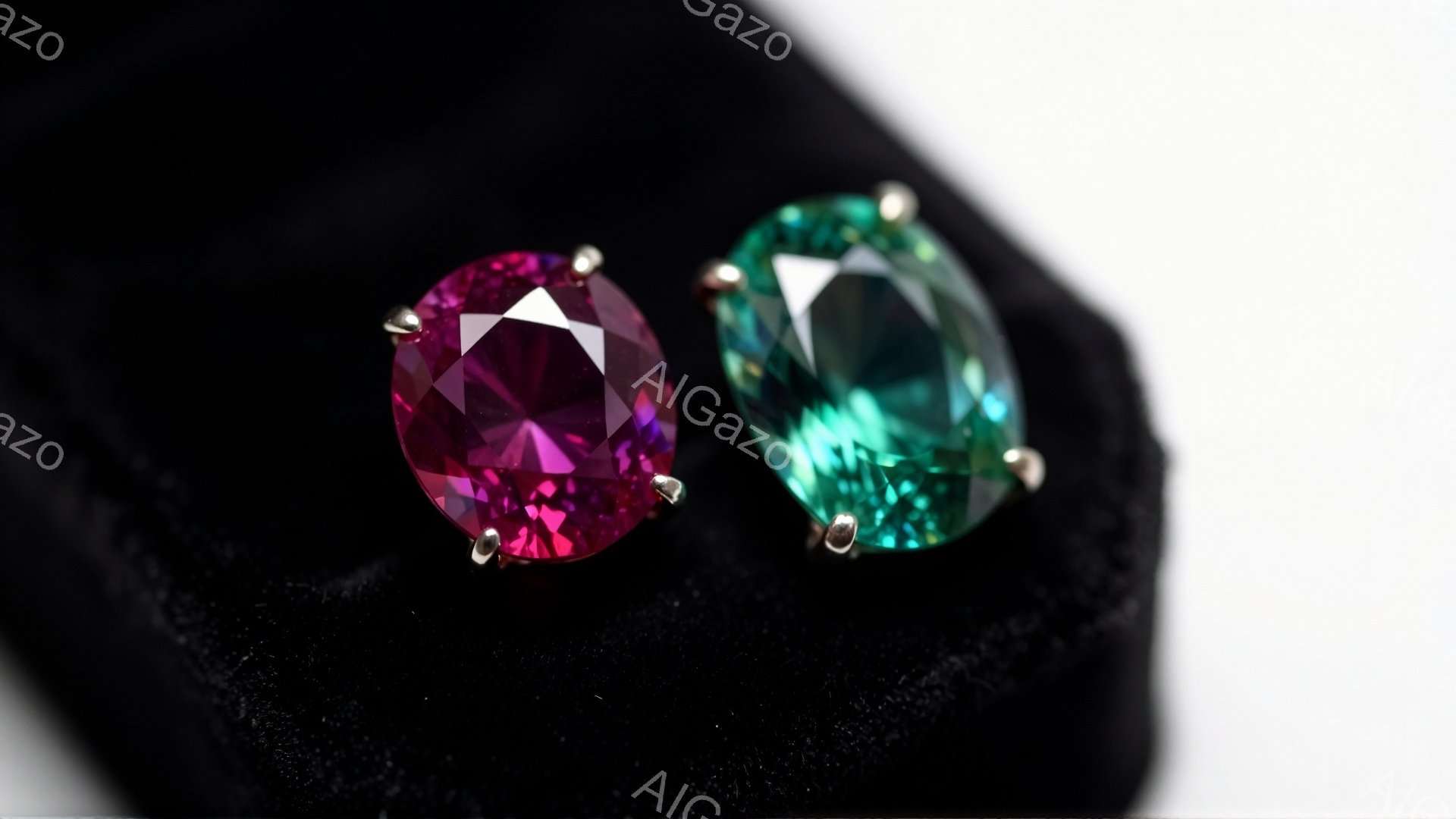 深い黒いベルベットの背景に、鮮やかなピンクとグリーンの宝石が並んで配置されています。宝石はそれぞれ銀色の爪留めで固定されており、光を反射してキラキラと輝いています。全体的に豪華で洗練された雰囲気であり - AI生成フリー素材