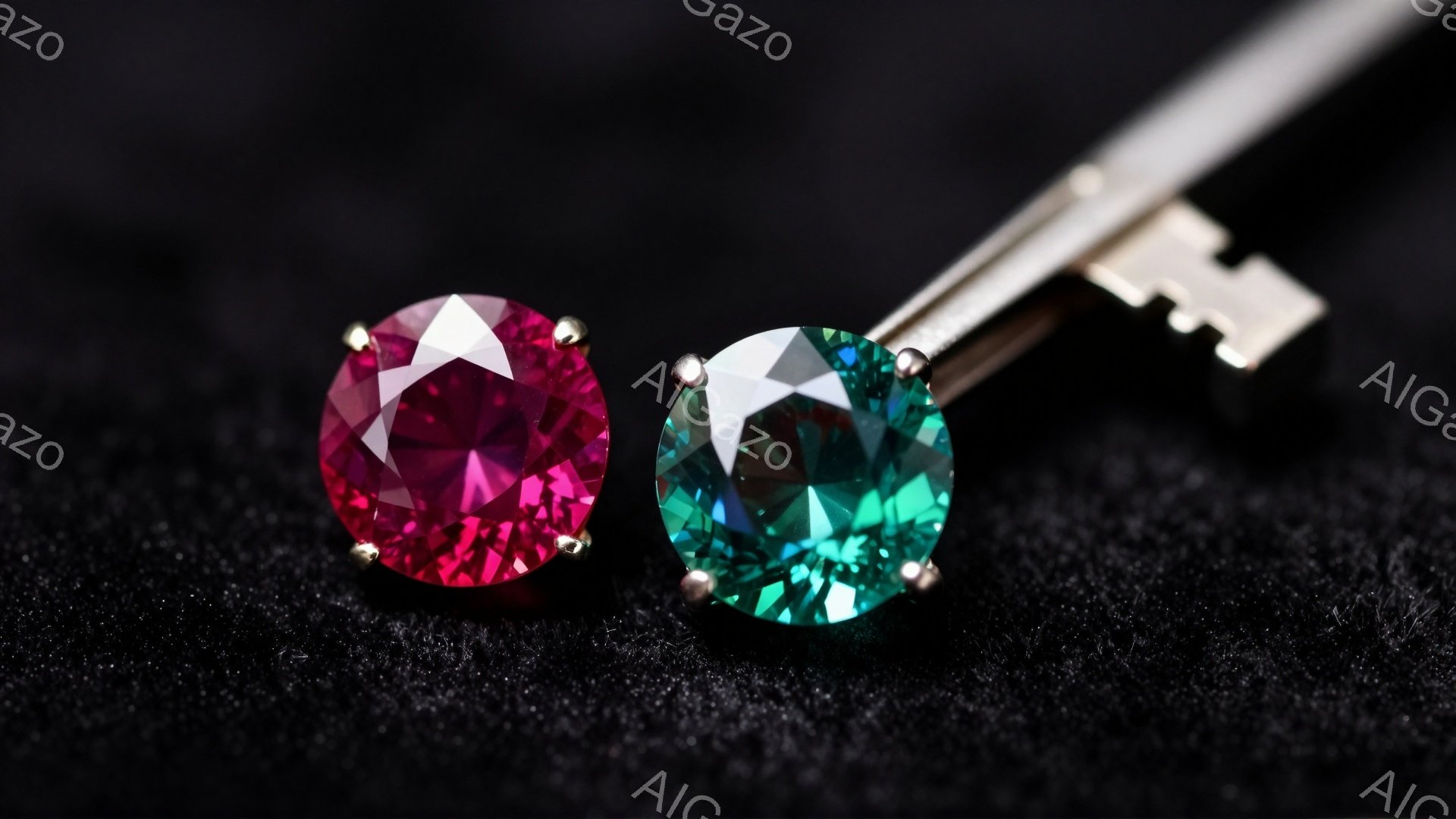 深い黒色の背景に、鮮やかなルビーレッドとエメラルドグリーンの2つの円形の宝石が並んで配置されている。宝石は光を反射してきらめき、まるでカットダイヤモンドのように見える。背景には、宝石を支える金属製の細 - AI生成フリー素材